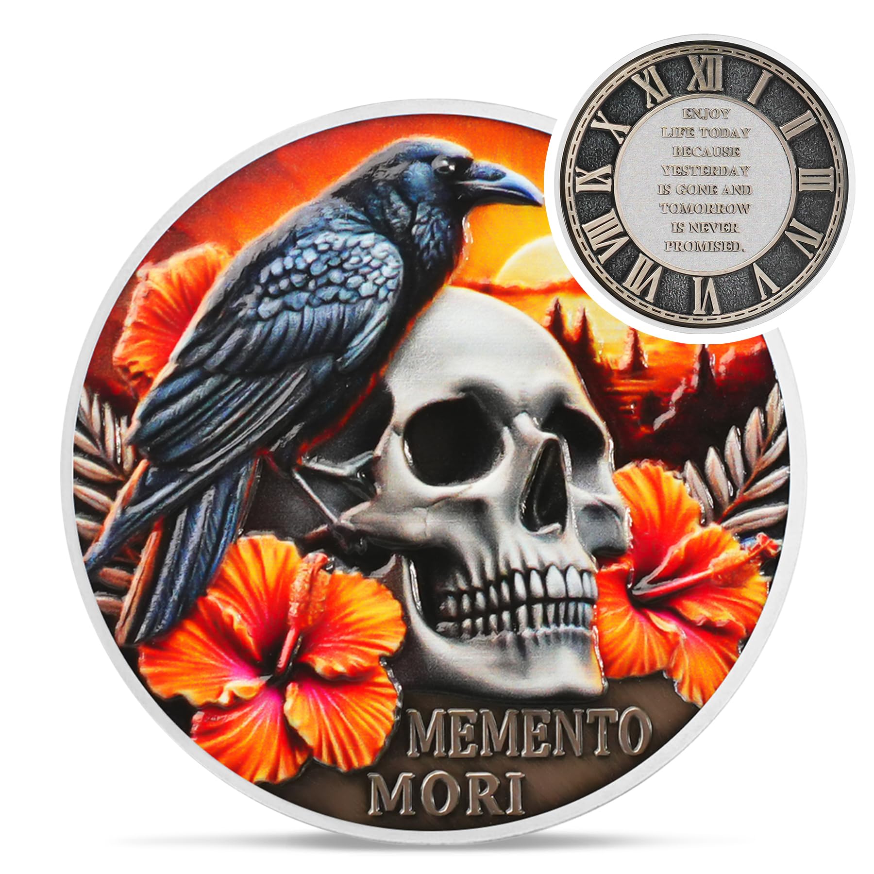 Twilight Raven Memento Mori Coin - Novelty Tempus Fugit Stoic Challenge Coin - Green Carpe Diem Skull EDC Token Medallions for Daily Stoic Practice -