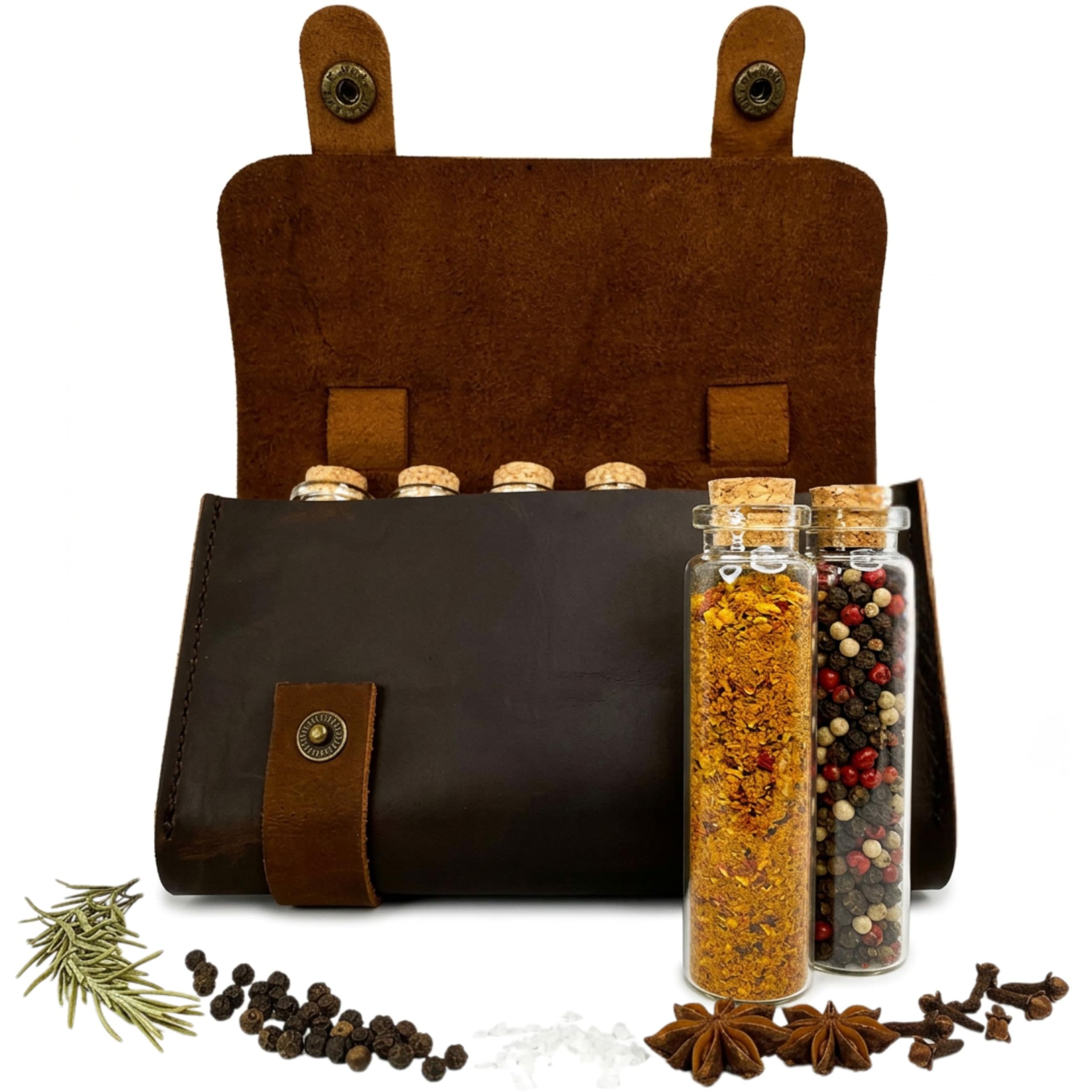 Ruck & River Leather Spice Wallet Spice Rack - 6 Spice Jars, Portable Seasoning Storage Organizer, Seasoning Bottle Holder, Condiment Container Set for Outdoor Camping BBQ Picnic