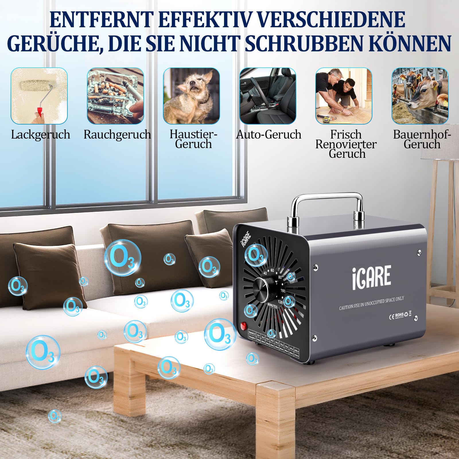 ICARE Ozongenerator 30000mg/h Ozongerät, Ozonisator Industrieller O3 Ozon Luftreiniger mit 120 Min Timer für 300㎡ Geruchskiller Geruchsneutralisierer für Auto, Rauch, Haustiergerüche, Küchengerüche