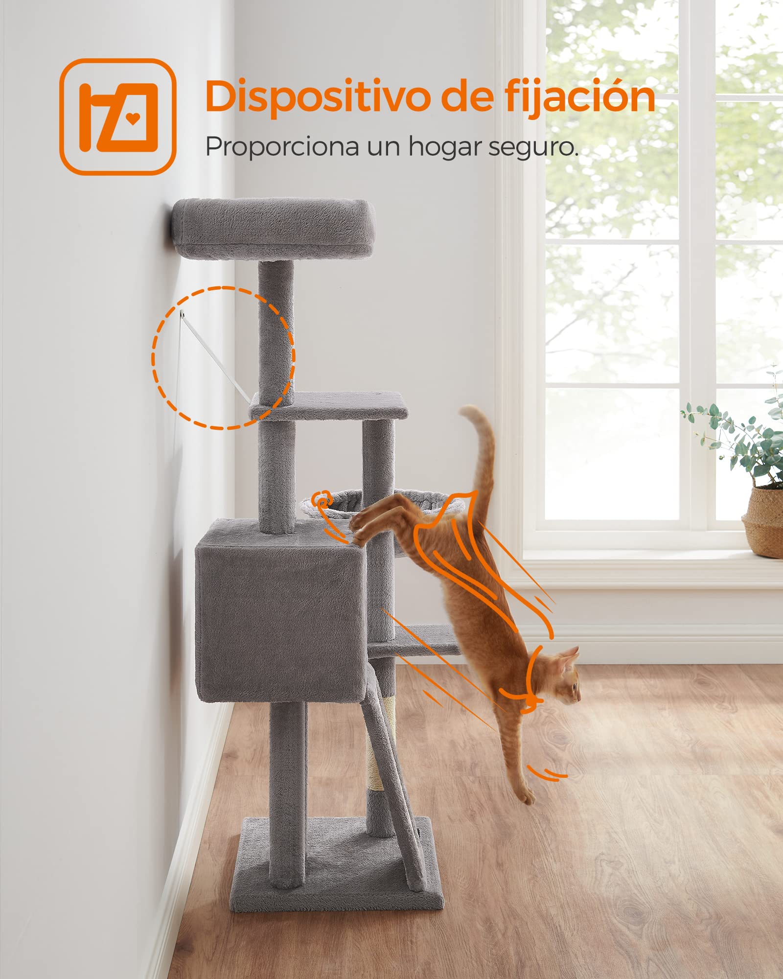 FEANDREA Árbol para Gatos Pequeños, 135 cm, Condominio para Gatos de Felpa de Varios Niveles, con Cubierta de Plataforma Extraíble y Lavable, Rascador, Cesta, Cueva, Gris Claro