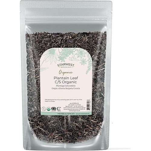 Starwest Botanicals Organic Plantain Leaf - Natural Loose Leaf Herbal Tea, Dried Plantain Herb for Women & Men, Cut & Sifted, Certified Kosher, Non-GMO - 4 oz Bag