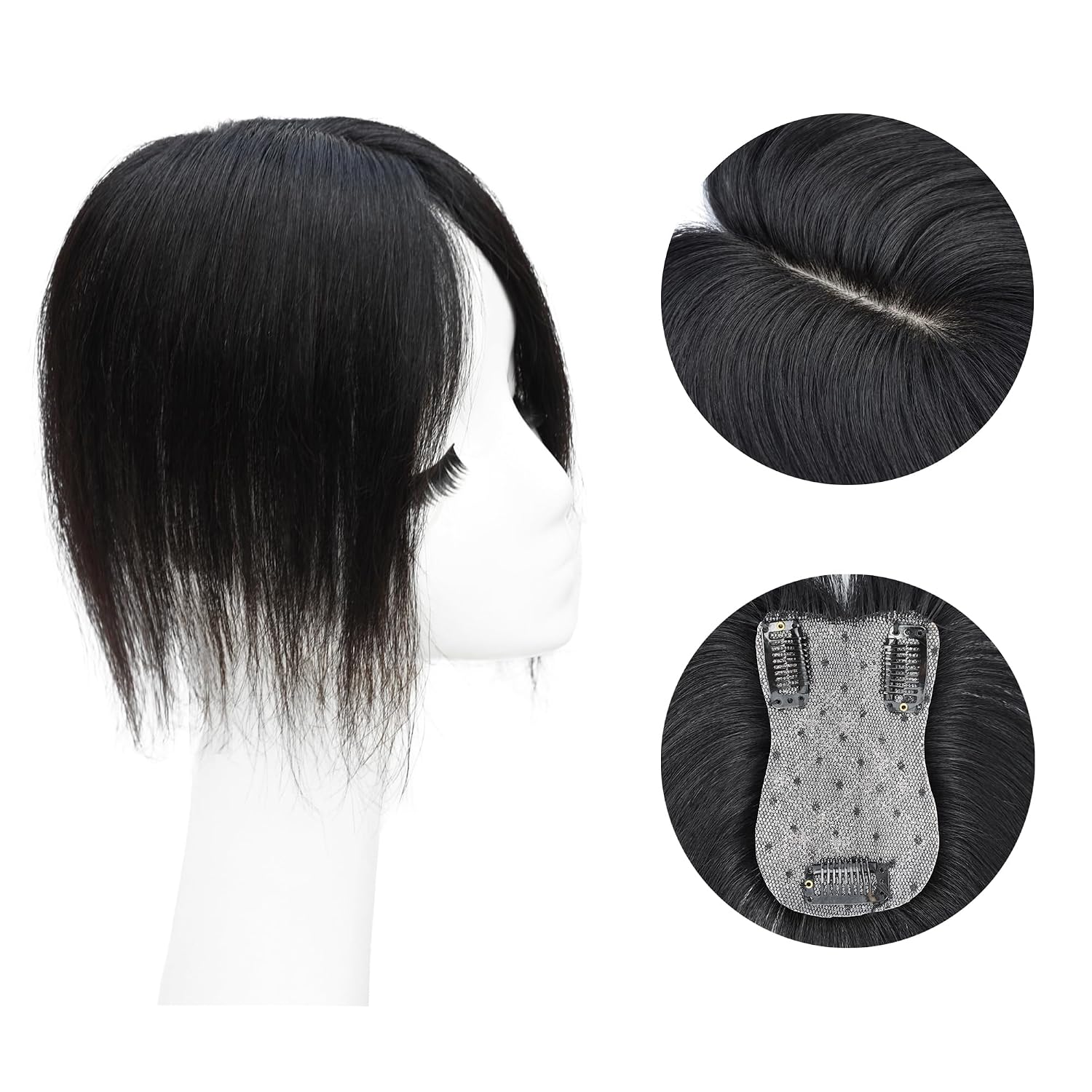 Middle Part Clip In Human Hair Topper Without Bangs, for Women with Breathable Mesh Base Topper for Thinning (Natural Black, 4.3" x 2.5", 10")