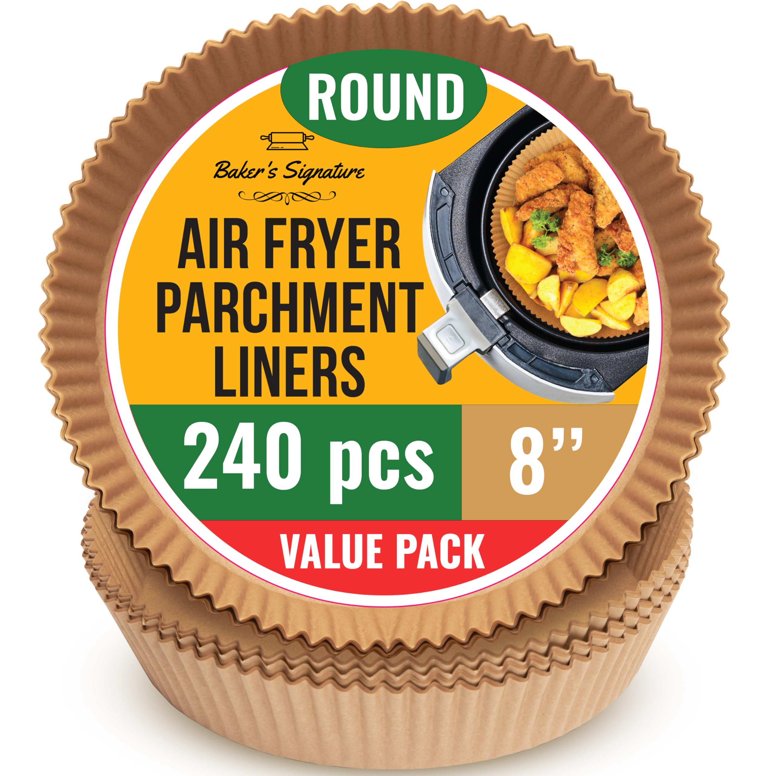 Baker's Signature Disposable Air Fryer Liners - 250 Pcs Greaseproof Air Fryer Paper Liner - 20 cm (8 in) Square Sheets for 5.5-9 L Baskets, Oven, Pans - Kitchen Air Fryer Accessories, Easy CleanupThe Forest Stewardship Council
