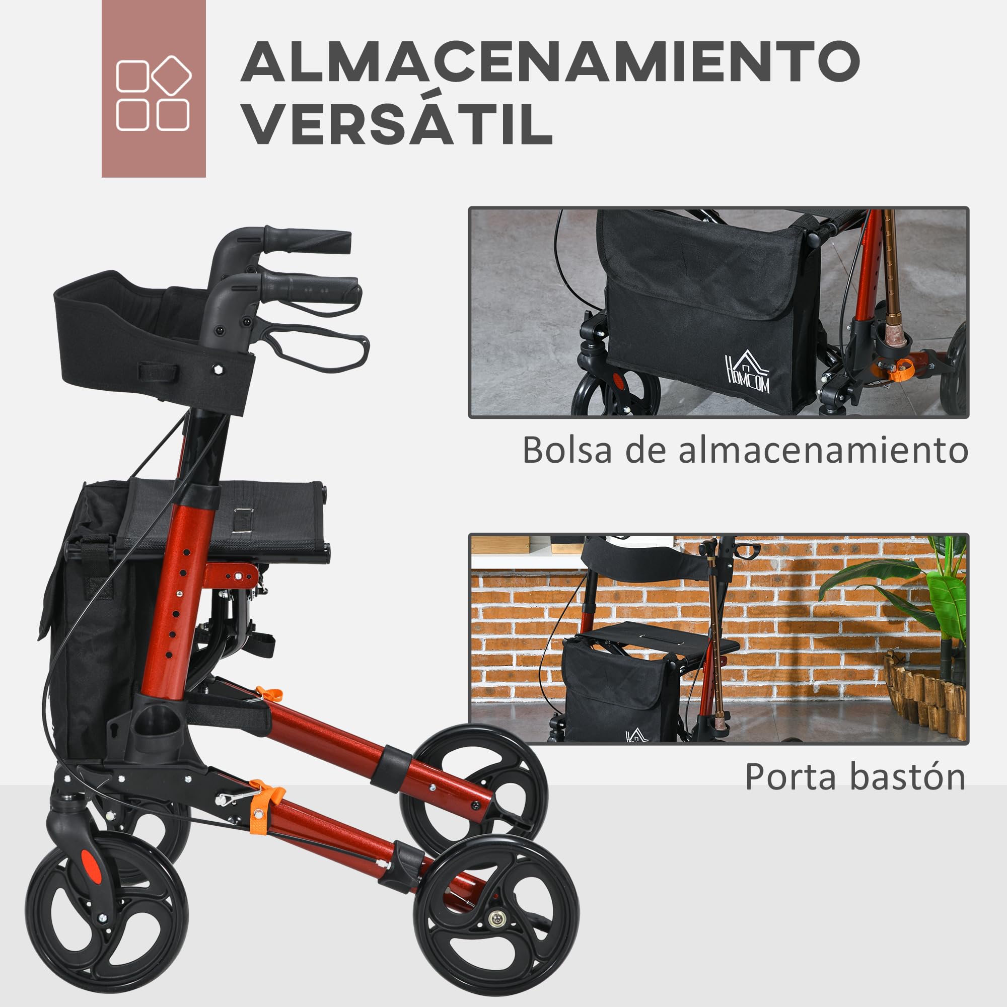 HOMCOM Andador para Ancianos Plegable de Aluminio con Asiento Rojo y Negro | Andador para Personas Mayores, 4 Ruedas, Altura Ajustable, Frenos de Maneta, Bolsa de Transporte
