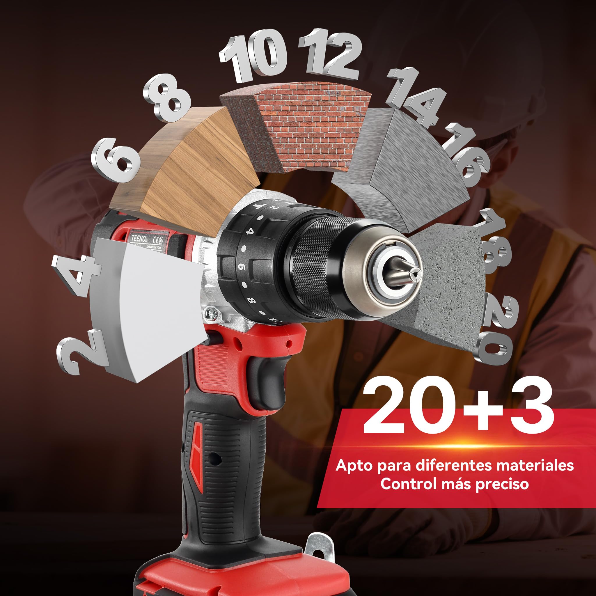 TEENO Cordless Drill Driver 2 x 2.0 Ah Batteries, Screwdriver 45 Nm Hammer Drill, 25 + 3 Torque Settings, 69 Accessories + Case, LED, DIY