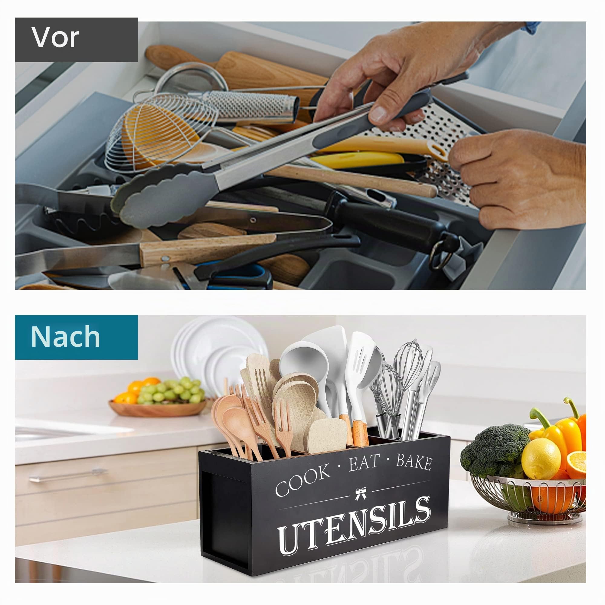 Suli Upgrade Extra großer Küchenutensilienhalter mit 4 Fächern, Holz-Utensilien-Organizer für Küchenarbeitsplatte, Bauernhaus-Küchendekoration, rustikale Kochutensilien – Schwarz