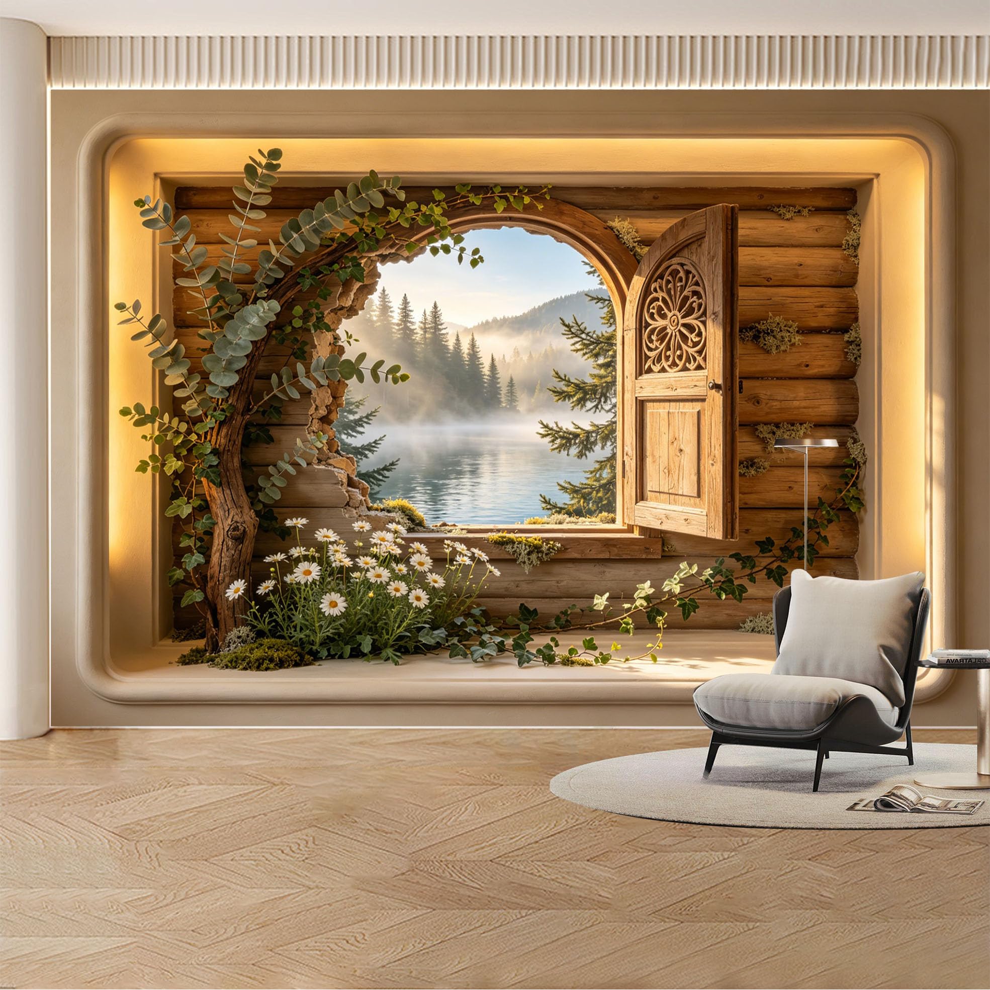 Custom Wall Mural Wallpaper Forest Lake Landscape Nature Wall Decor Large Wall Art Rustic Cabin Misty Removable SelfAdhesive Large Photo for Living Room， Bedroom， Office