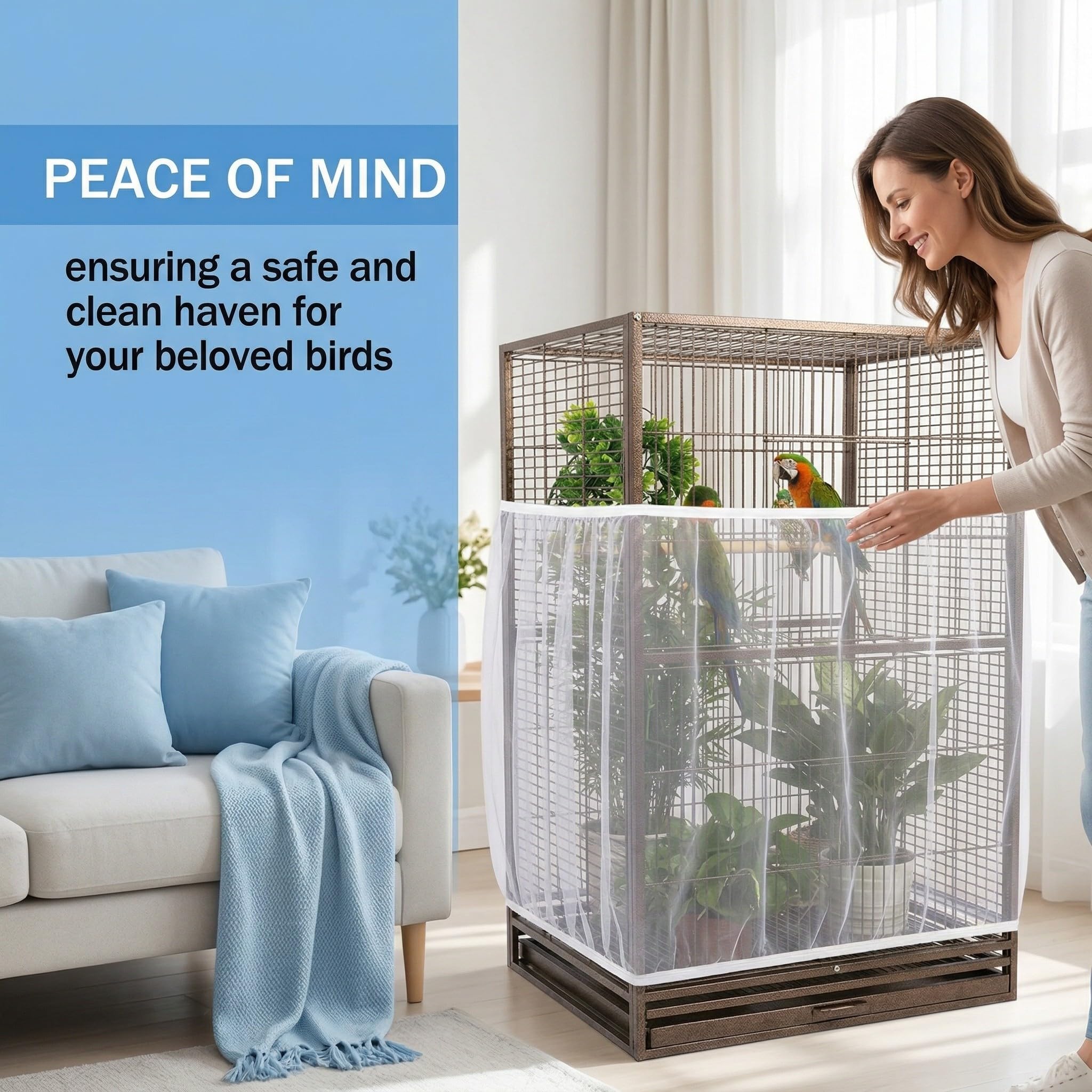 Birdcage Covers, 1 rete protettiva per gabbia per uccelli - Rete traspirante e antipolvere, circonferenza 120-140 cm, altezza 30 cm (bianca)