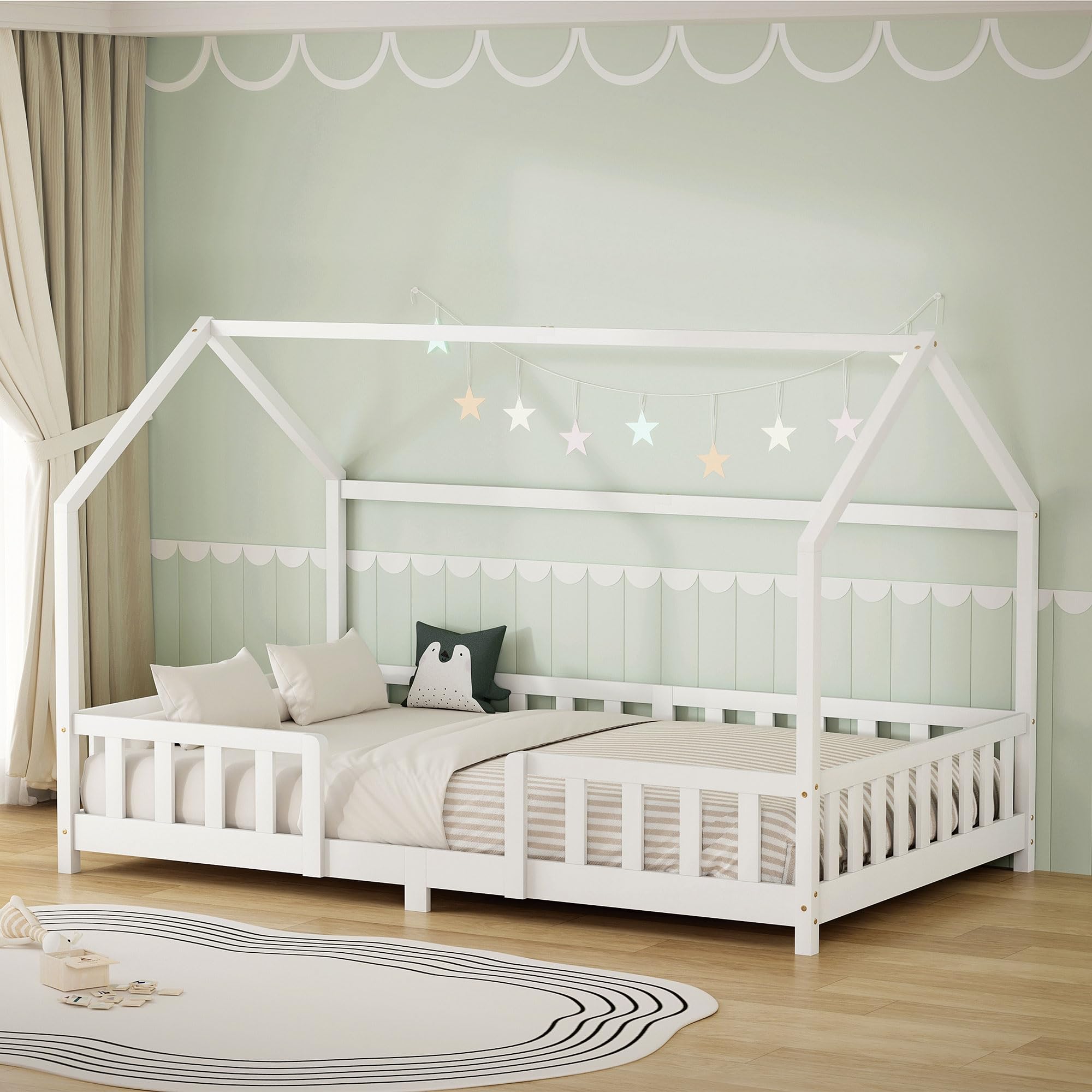 ML-Design Letto a Casetta per Bambini 120x200 cm Una Piazza e Mezza con Protezione Anticaduta, Tetto e Rete a Doghe, Bianco, Letto Montessori a Terra in Legno Massello di Pino, per Cameretta