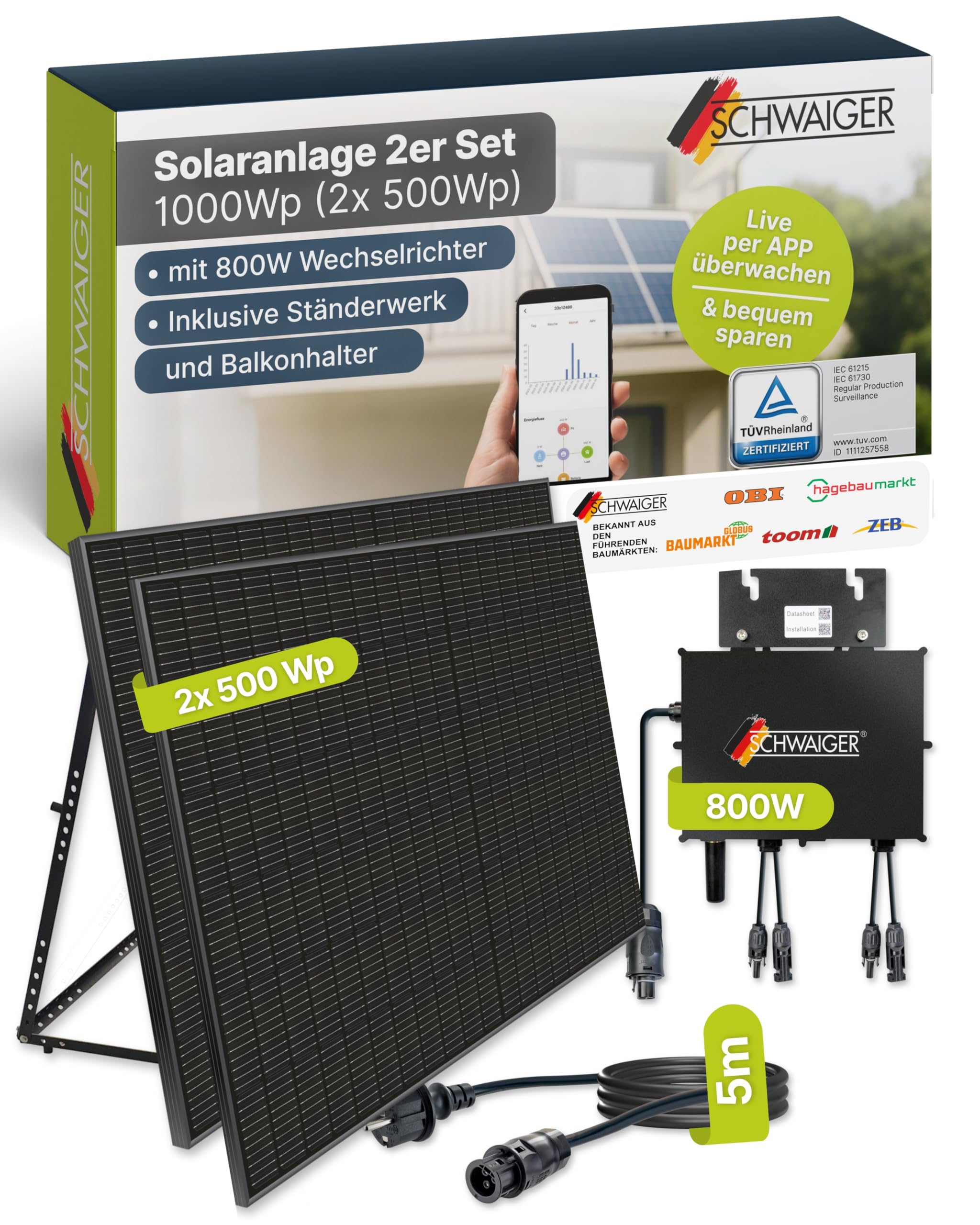 SCHWAIGER Balkonkraftwerk 2er Set mit Full Black Solarpanels 1000Wp I 2×500Wp Solarmodule inkl. Alu‑Ständer, 800W WiFi‑Wechselrichter & 5m Kabel I Plug & Play Solaranlage für Balkon & Garten