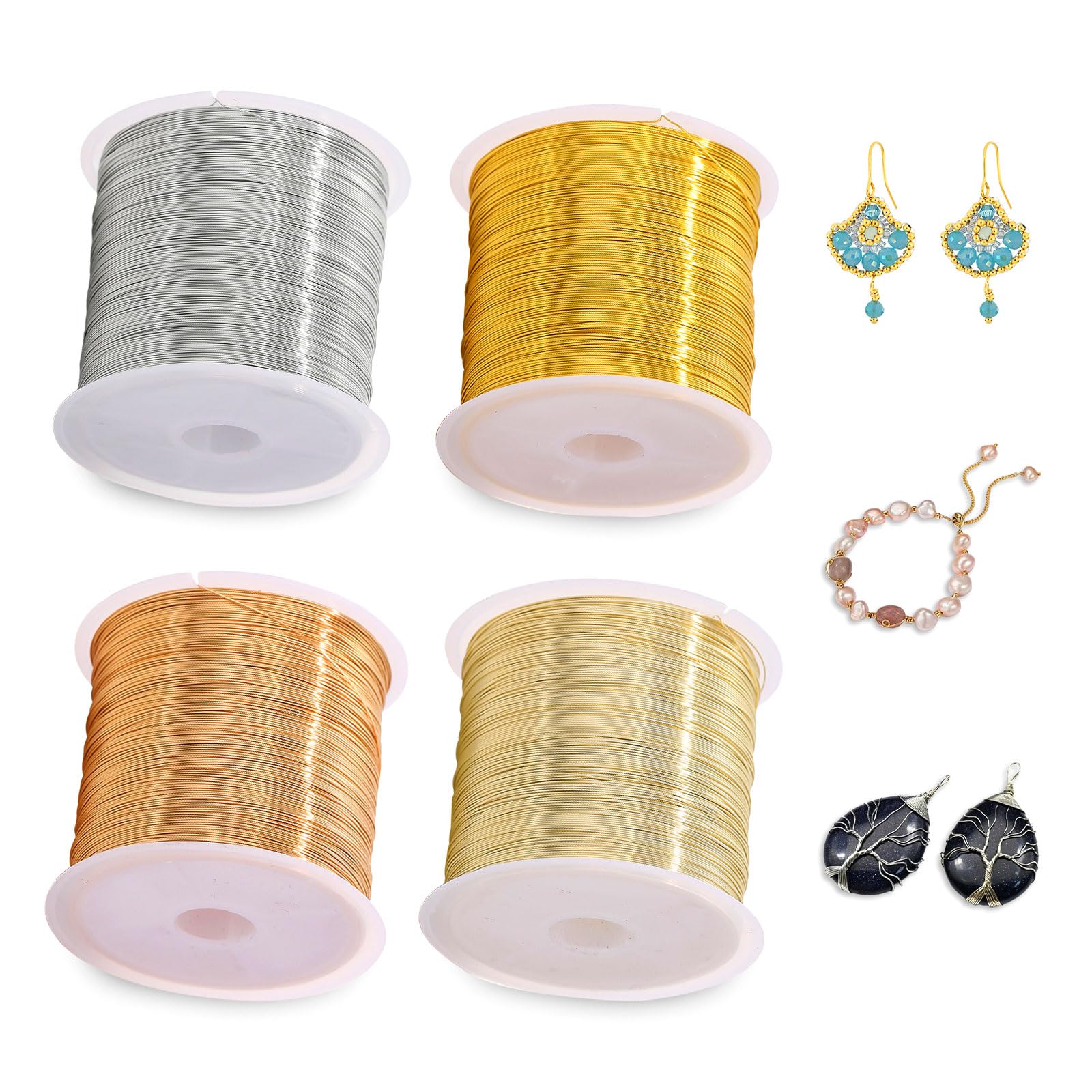 4 PCS Craft Wire for Jewellery Making 328FT 100M 0.3MM 28 Gauge Jewelry Wire Gold/Silver/Rose Gold/Copper Wire Thin Metal Wires for DIY Crafts Jewelry Beading Necklace Bracelet