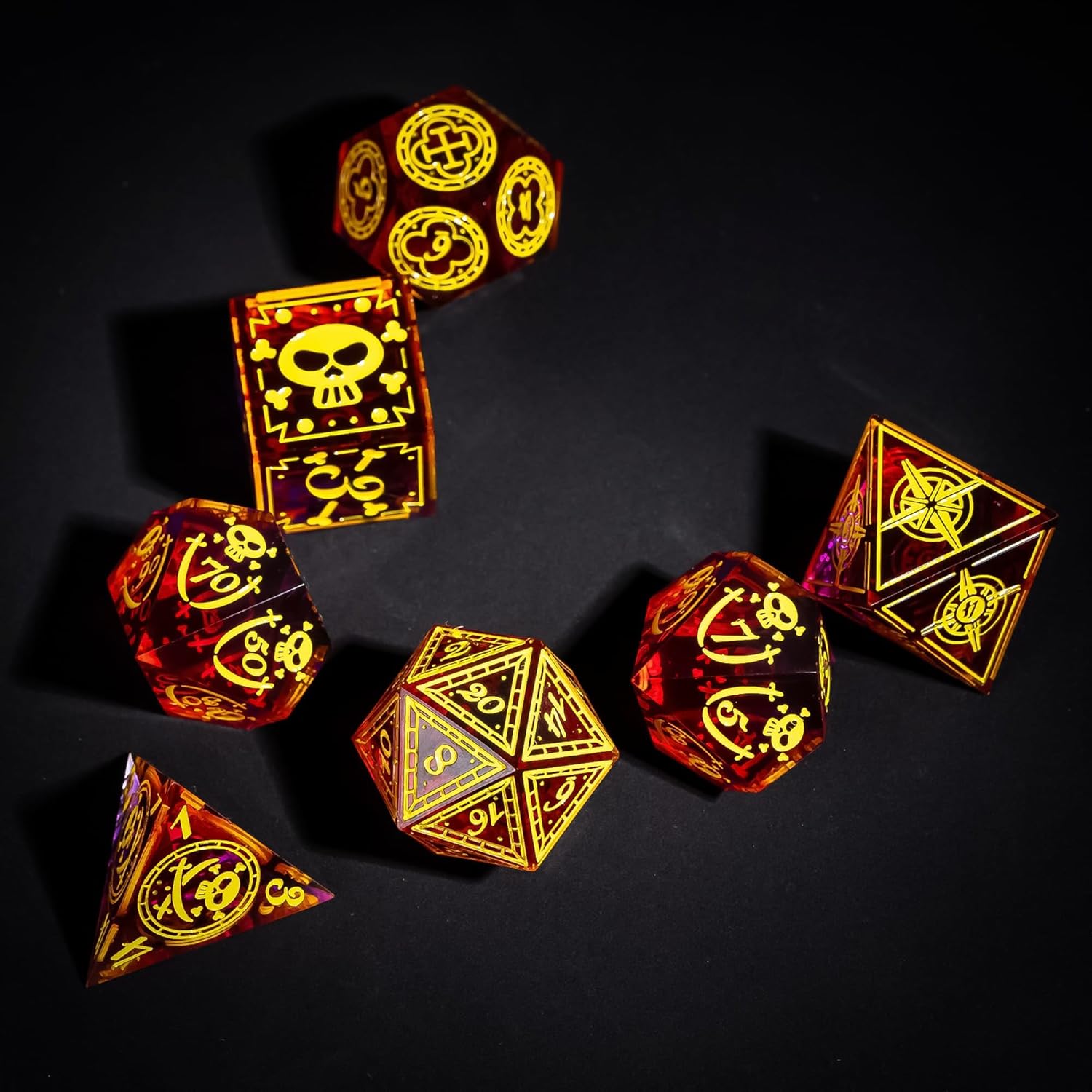 Cusdie 7-Piece Sharp Edges DND Dice Set with Pirate Design - Perfect for Tabletop RPGs Board Games Gifting and Collecting(Red w/Yellow Pirate Pattern)