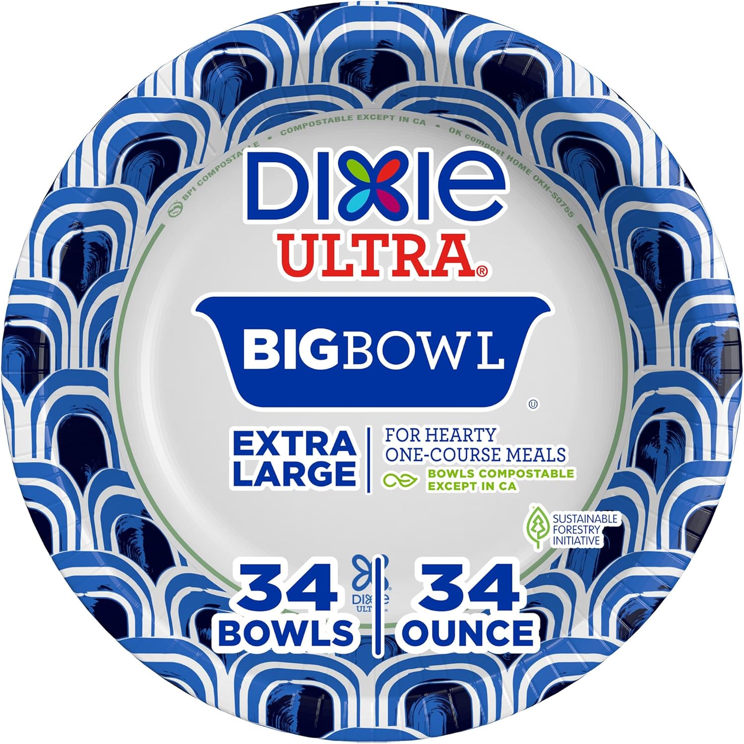 Dixie Ultra 34 oz Extra Large Paper Bowls, 34 Count - Compostable, Microwave Safe, Soak Proof for Soups, Stews & Heavy Meals