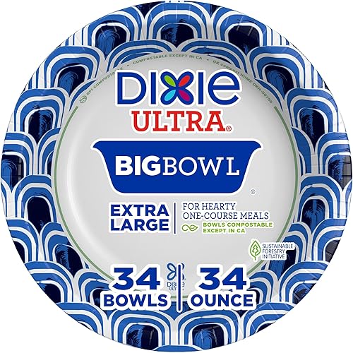 Dixie Ultra Cuencos de papel extra grandes, 34 onzas, 34 unidades, compostables, aptos para microondas, cuencos desechables para comidas pesadas,