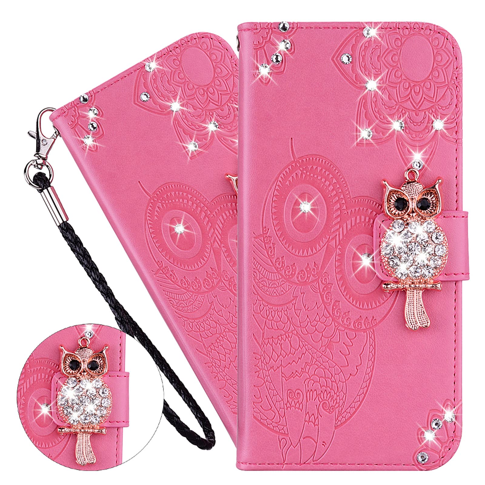 QIVSTARQIVSTAR Case Compatible with Samsung Galaxy A03S Bling Diamand PU Leather Wallet Phone Case with Wsrist String Full Body Protective Flip Ultra Case for Samsung Galaxy A03S Owl Pink YK