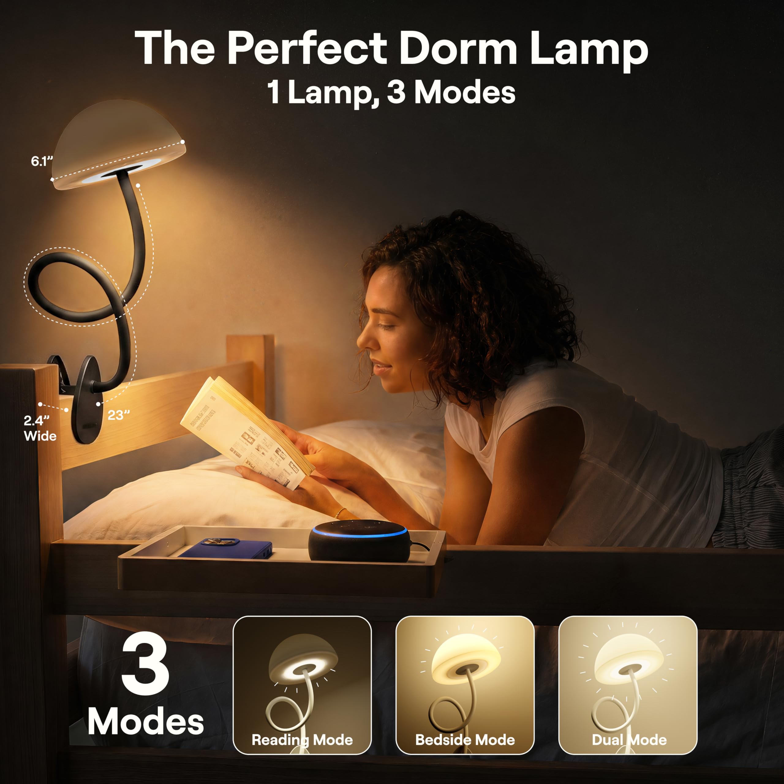 Shroommate Essential Clip On Bed Light - zagłówek i lampka na stolik nocny, elastyczna lampa do czytania, lampka nocna do pokoju dziecięcego, klips na biurko, wielokolorowe diody LED, adapter w
