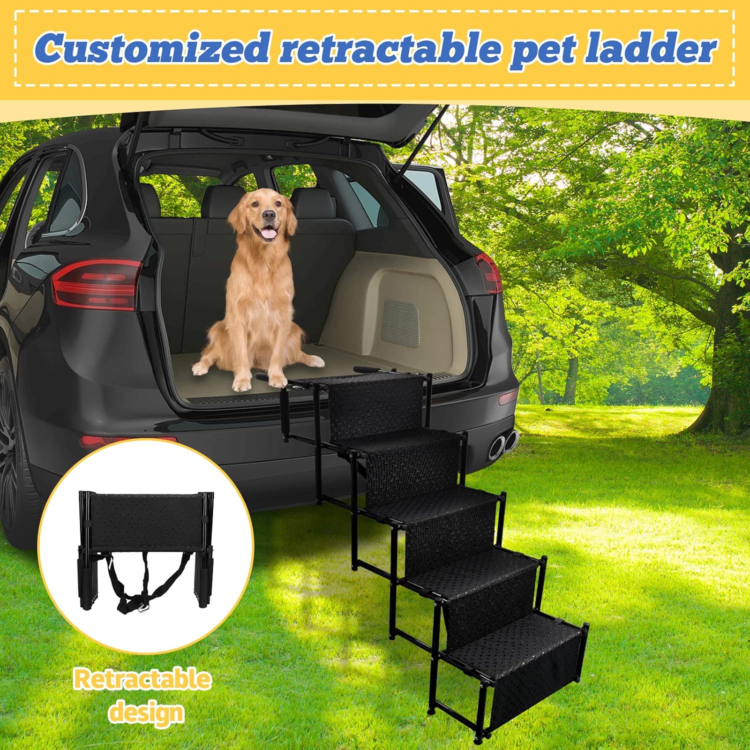 Dog Stairs for Large Dogs SUV, Upgraded 5 Steps Dog Car Ramp Aluminum Foldable Dog Steps with Nonslip Surface for High Beds, Trucks, Cars and SUV