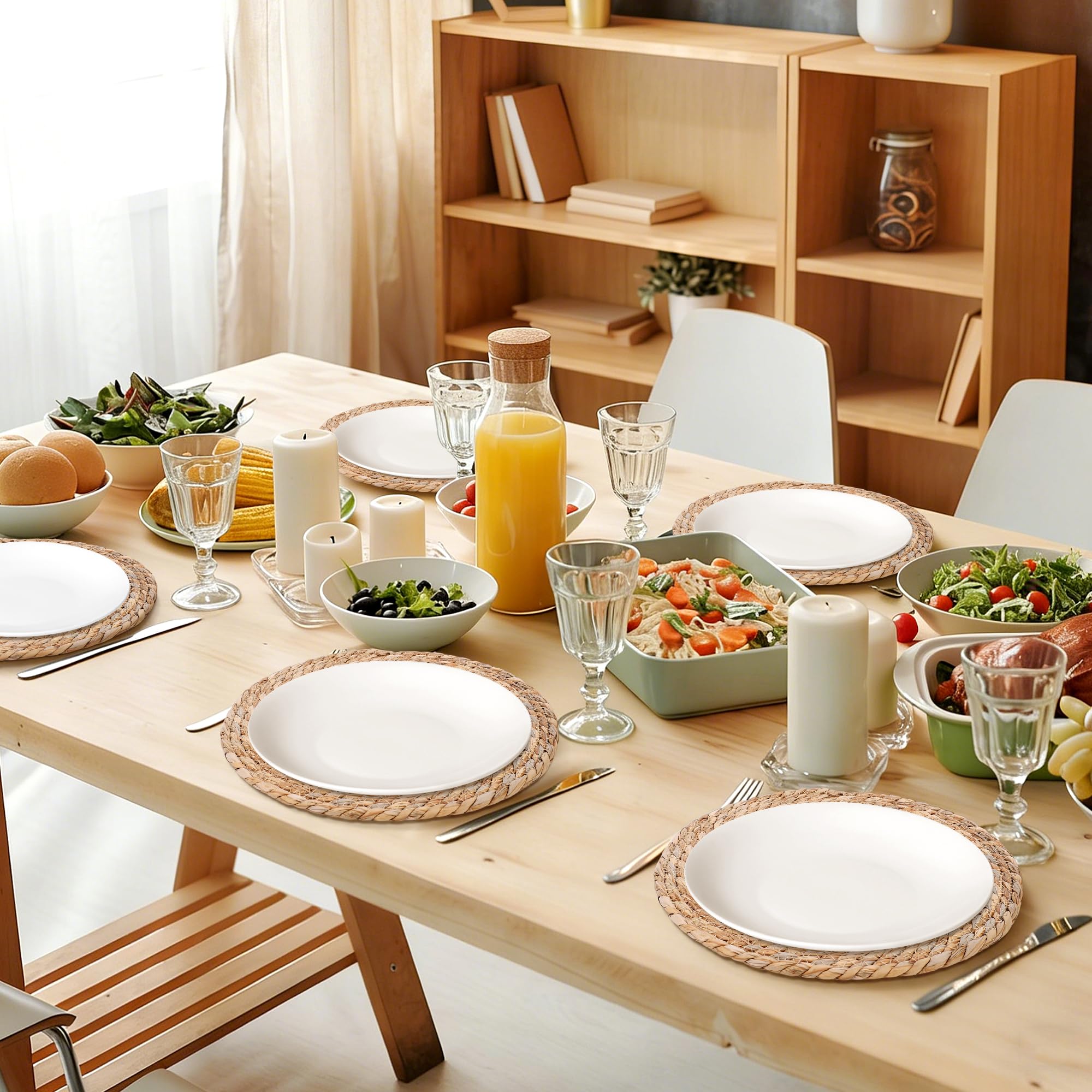 12PCS Sets de Table Ronds Tressés, 30cm Napperon Style Boho Antidérapant | Sets de Table Résistant à la Chaleur, Sous-Verres Tissé, Tapis de Table de Cuisine et Comptoir, Repas en Famille, Vacances