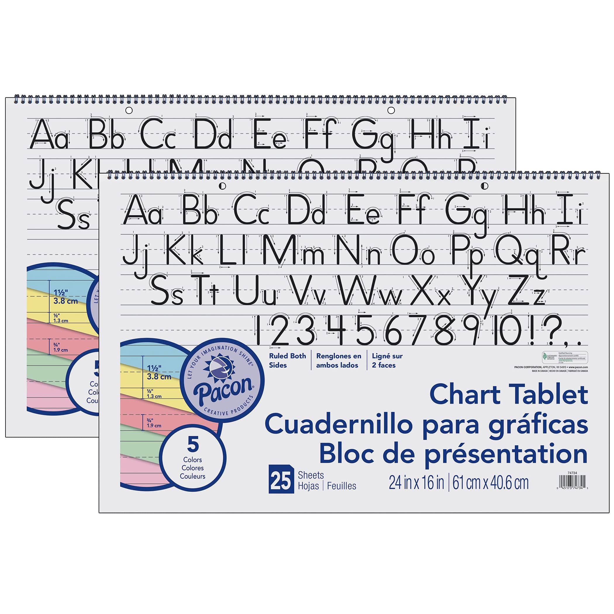 Pacon(r) Colored Paper Chart Tablet, Manuscript Cover, 5 Assorted Colors, 1-1/2" Ruled, 24" x 16", 25 Sheets, Pack of 2