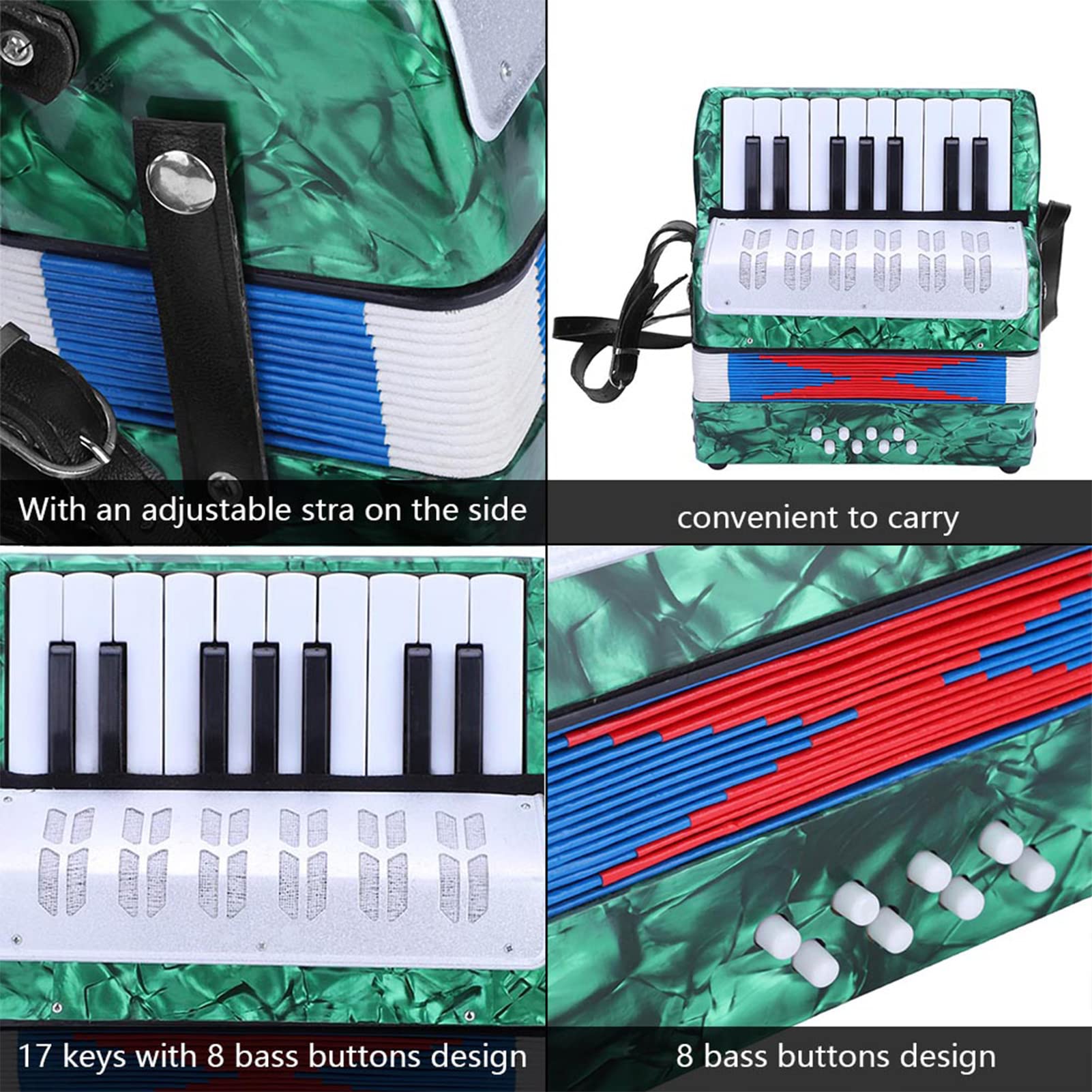 Akordeon fortepianowy HaloVerde dla początkujących, lekka harmonijka z 17 klawiszami 8 basów - edukacyjny instrument muzyczny dla dzieci (Green)