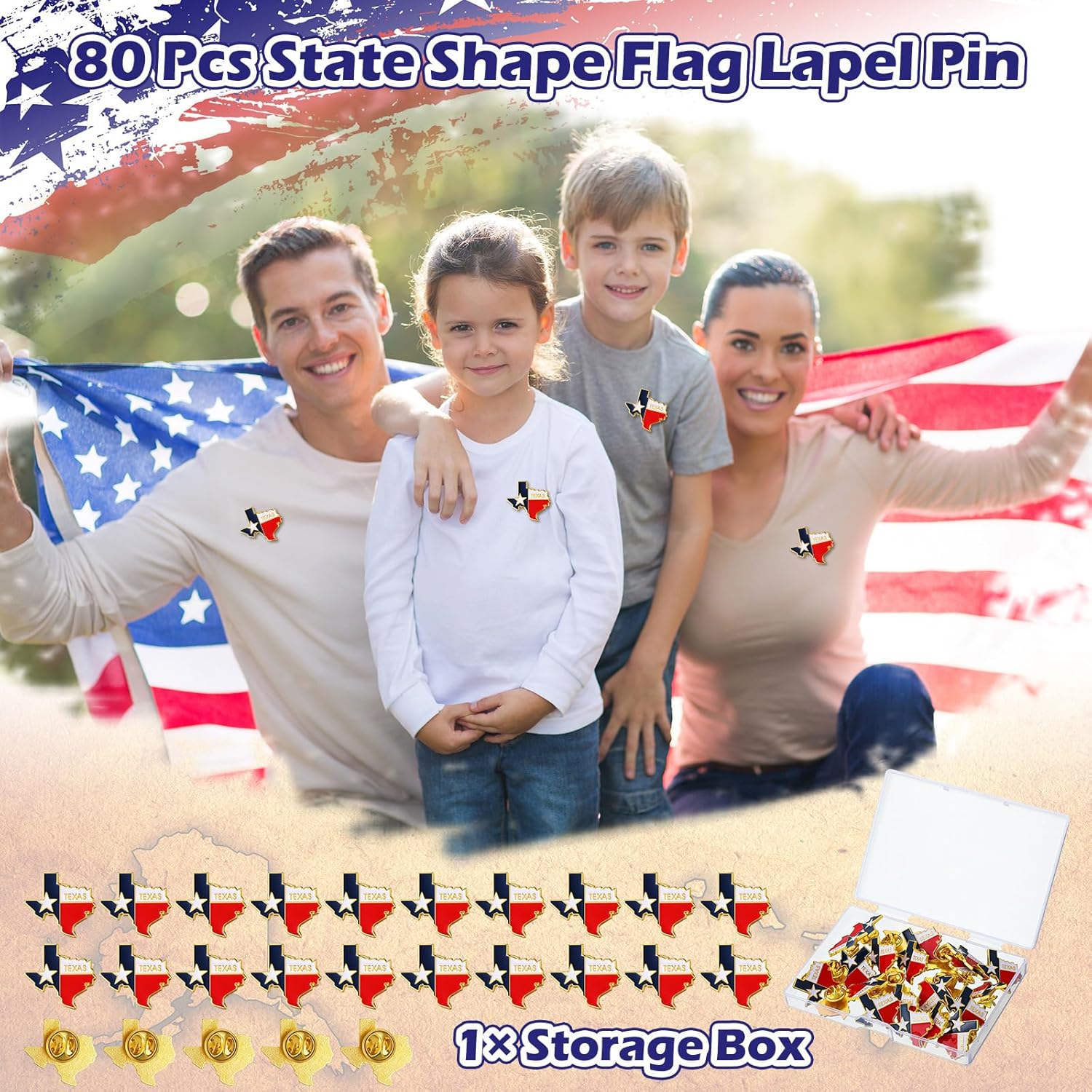 Landical 50/80 Pcs Texas Pin Bulk State Shape Flag Texas Souvenir Gift Us American Flag Lapel Pin for Patriotic Traveler
