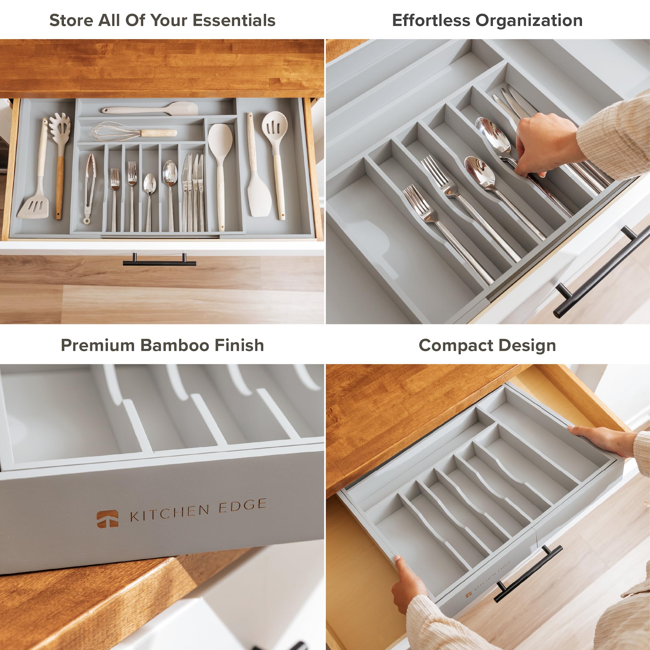 KitchenEdge Organizer do szuflad kuchennych na srebra, sztućce i przybory, jakość premium, bezpieczny w kontakcie z żywnością, z możliwością rozszerzenia od 45,7 do 83,3 cm, szary bambus