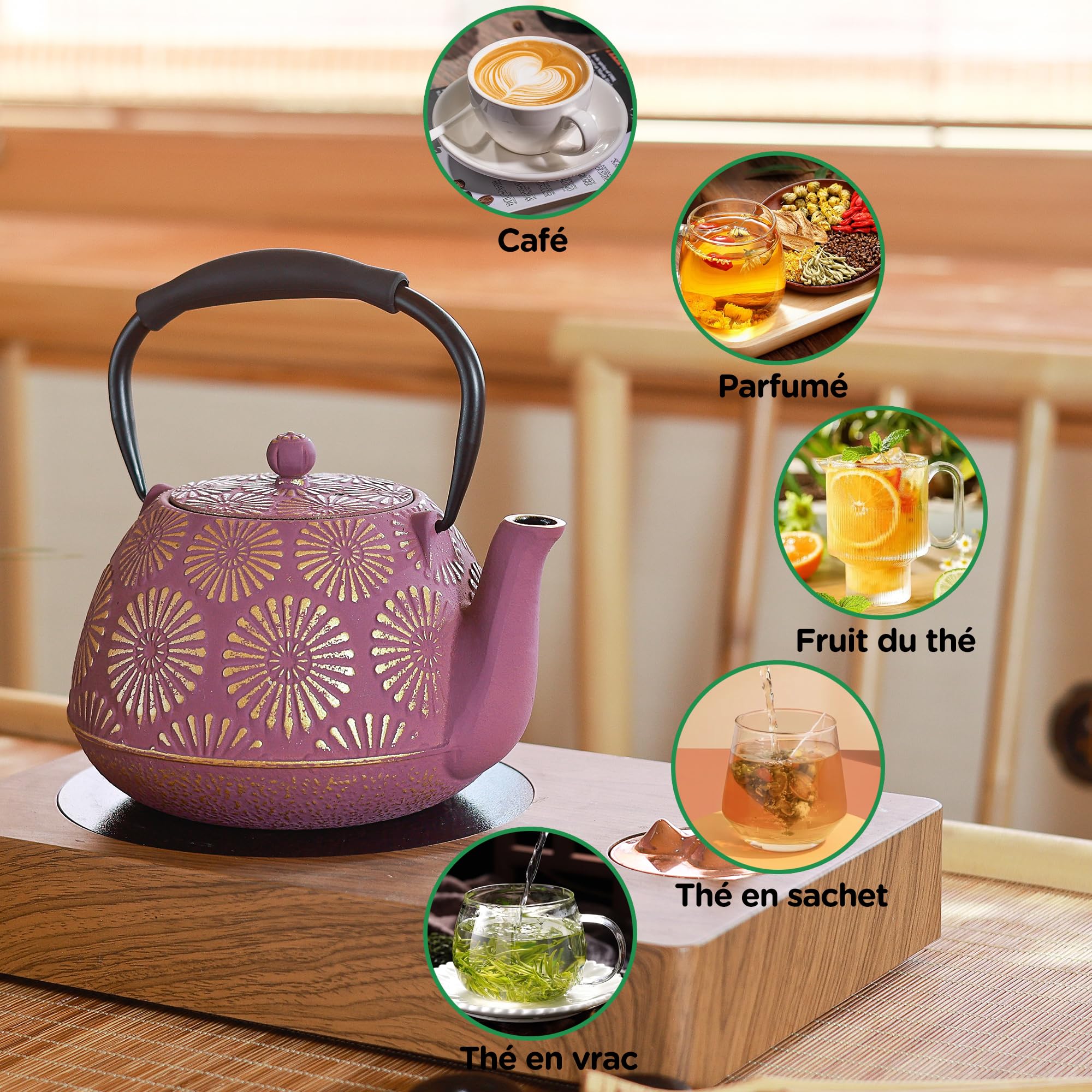 Théière en fonte, Grande capacité de 1200 ml avec infuseur pour cuisinière, Design Sakura japonais pour thé en feuilles avec intérieur émaillé, Poignée en silicone 40 oz Violet