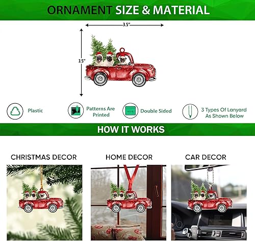 Miniatura 2 de Talataca Pug con camión rojo de Navidad, árbol de pino, regalo 2D plano para espejo retrovisor, accesorios para el árbol de Navidad, adorno para