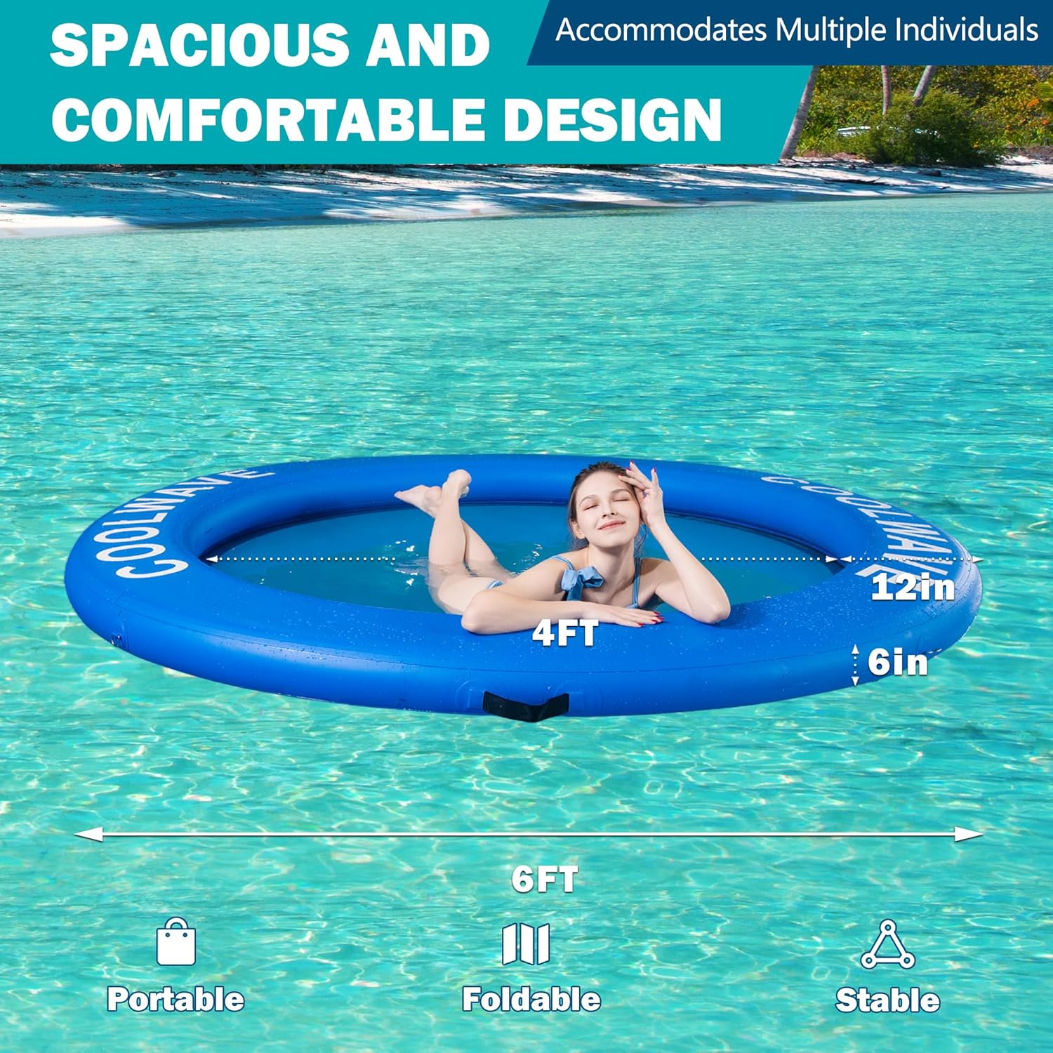 COOLWAVE Inflatable Water Hammock Floating Dock, Inflatable Raft for Family and Friends, Round Floating Ring for Parties, Water Float with Cup Holders for Pool and Lake