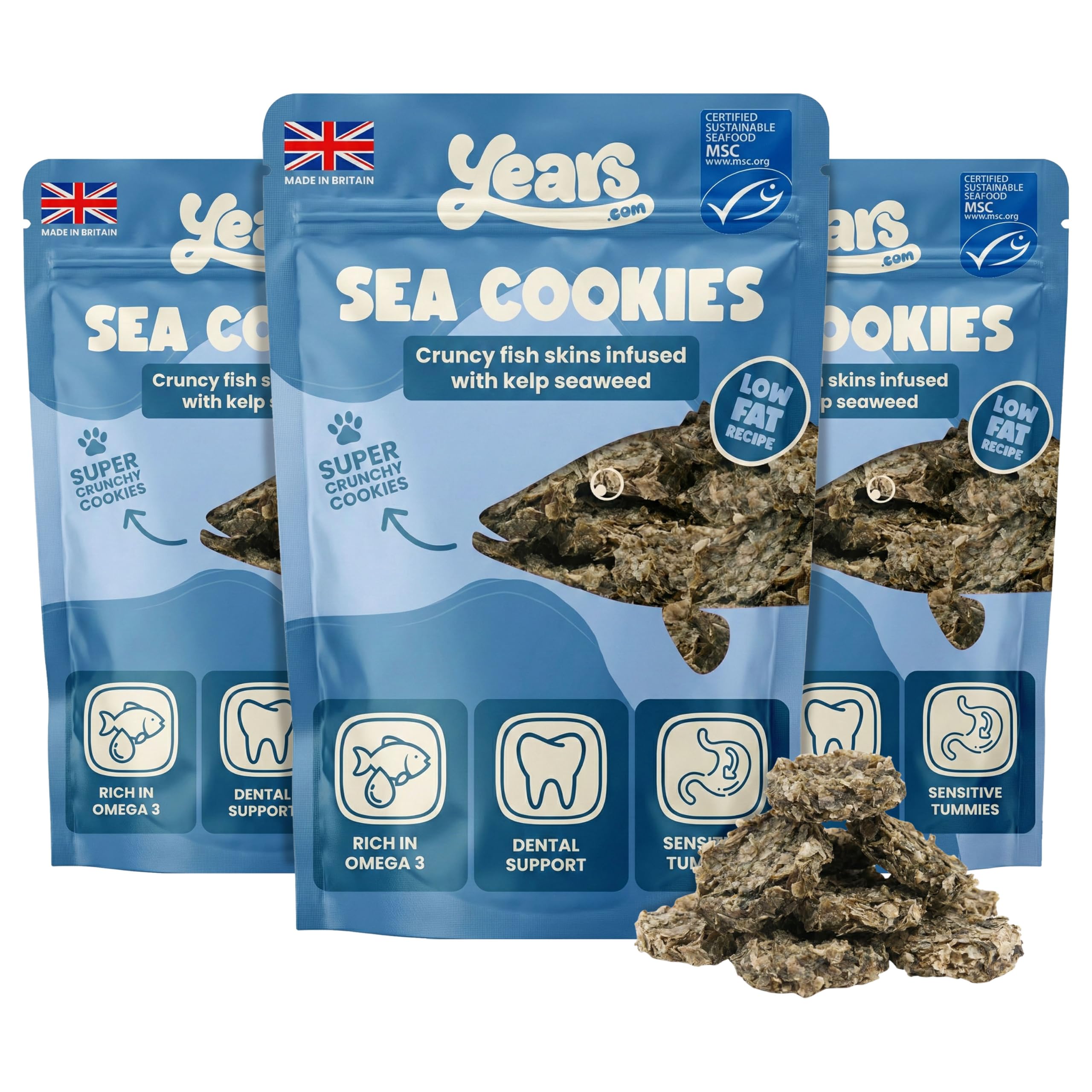 YEARS Sea Cookies Fish Skin Dog Treats | 300g | Crunchy Air Dried Natural Fish Skins with Kelp Rich in Omega-3 & Grain Free