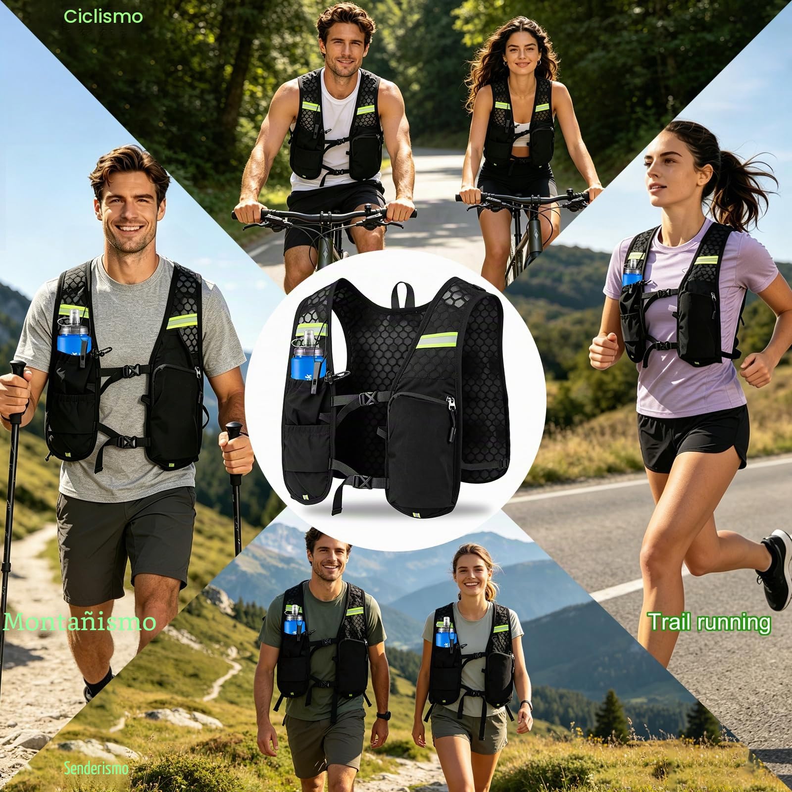 Chaleco para Correr, Mochilas de Hidratación Ligera y Transpirable con Bolsa 500ml, Chaleco Running Mujer Hombre con Tira Reflectante y Ajustable para Correr Trail Marathoner