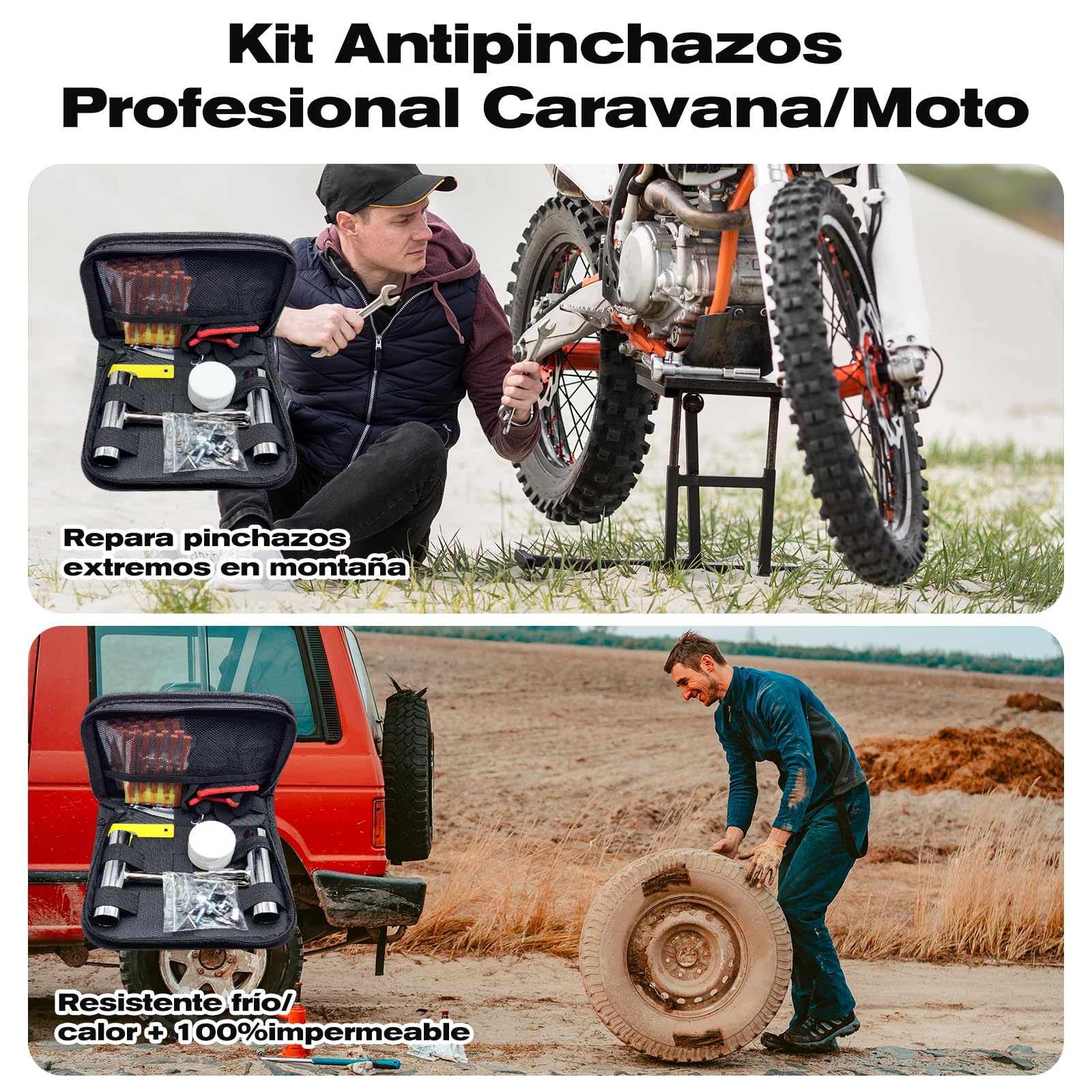 kit profesional de reparación de pinchazos 45 pcs para coche, moto y todoterreno, neumático antipinchazos, mechas y clavos, para emergencias en carretera y montaña