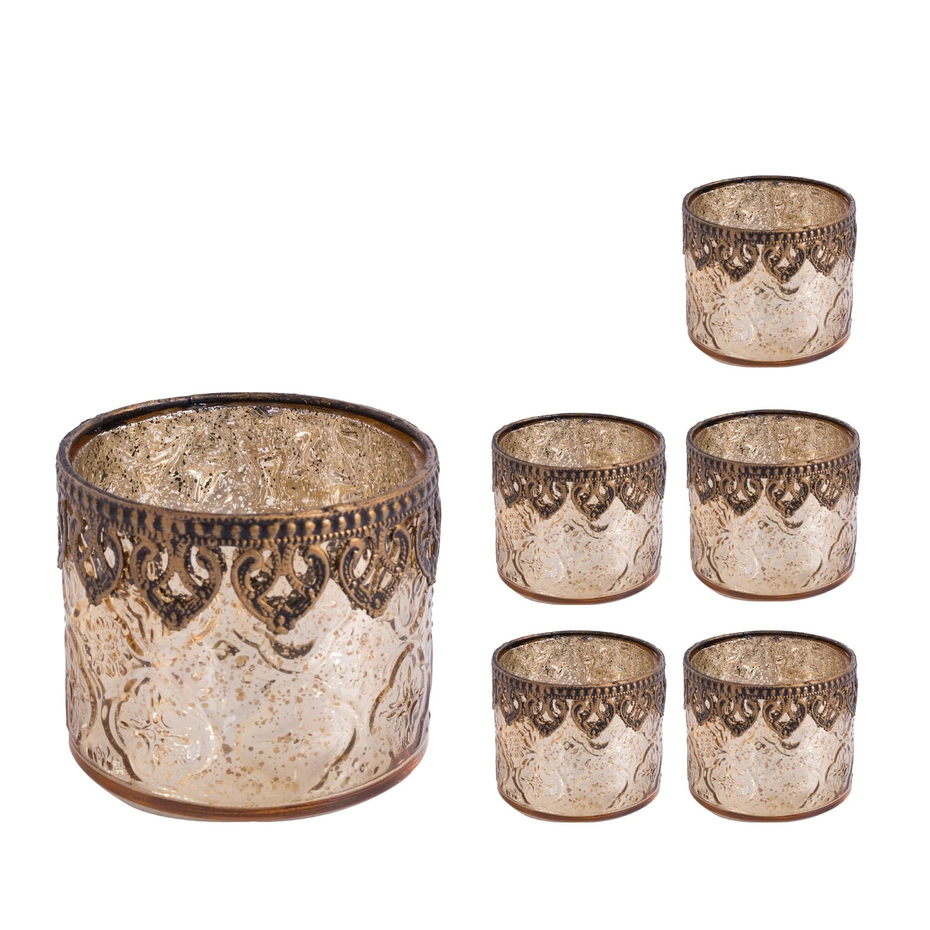 6er-Set Teelichthalter Gold Kerzenhalter Windlicht Glas Kerzengläser Teelichtgläser Weihnachtsdeko Innen Geschenke für Frauen - Zylindrische Form Ø10cm x h9cm