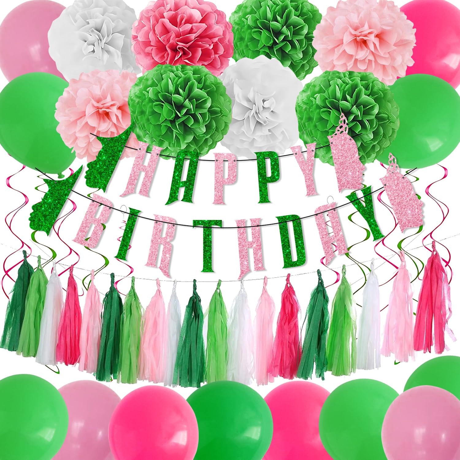 Pink and Green Birthday Party Decorations Birthday Banner Balloons Paper Pom Poms Paper Tassel Hanging Swirl for Girls Women