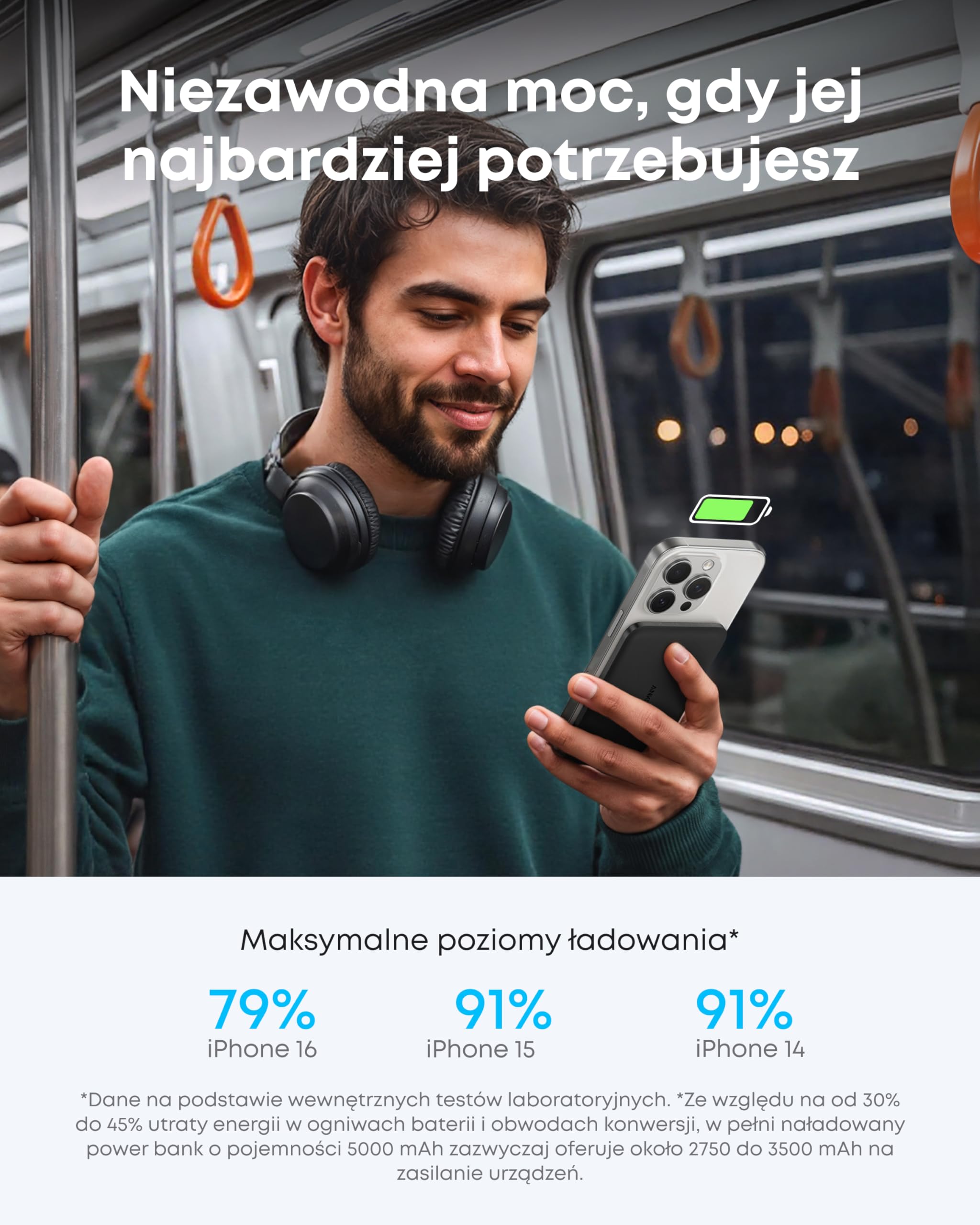 Powerbank Nano firmy Anker, super cienki, 5 000 mAh magnetyczna bateria, ultra szybka kompatybilna z MagSafe ładowarka przenośna 15 W z certyfikatem Qi2, ergonomiczny styl, tylko dla serii iPhone17/16