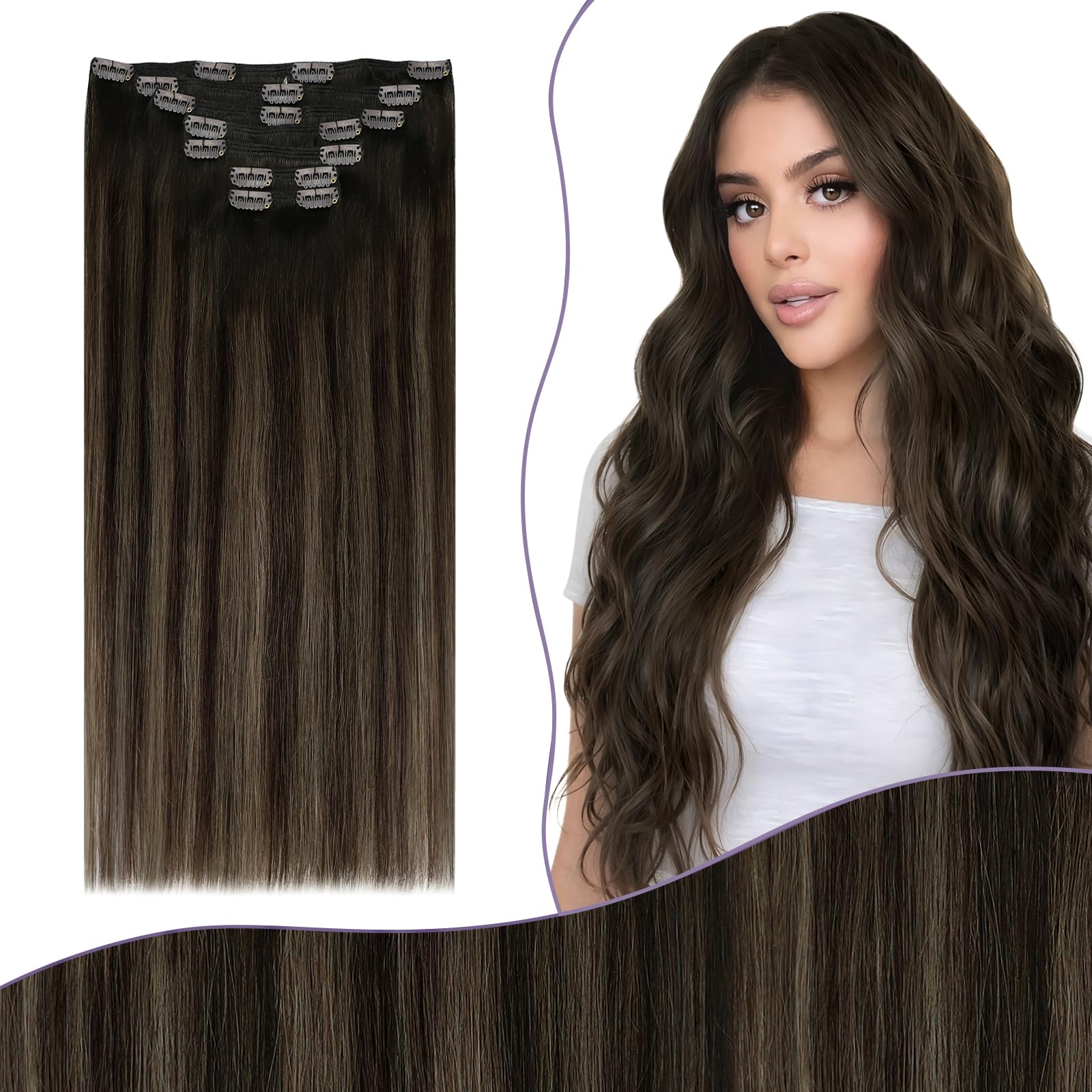 Fshine Extension con clip in capelli veri, 40 cm, 7 pezzi, 135 g, balayage, marrone scuro fino a marrone castagno, capelli naturali, clip in capelli veri, colore 2 8 2