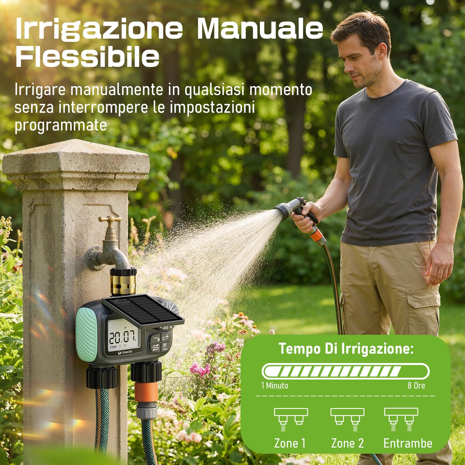 Timer per Irrigazione Solare CyberOrd a 2 Zone, Centralina Irrigazione con Ricarica Solare, Programmatore di Irrigazione con Modalità Auto/Manuale/Ritardo Pioggia per Prato/Patio/Giardino