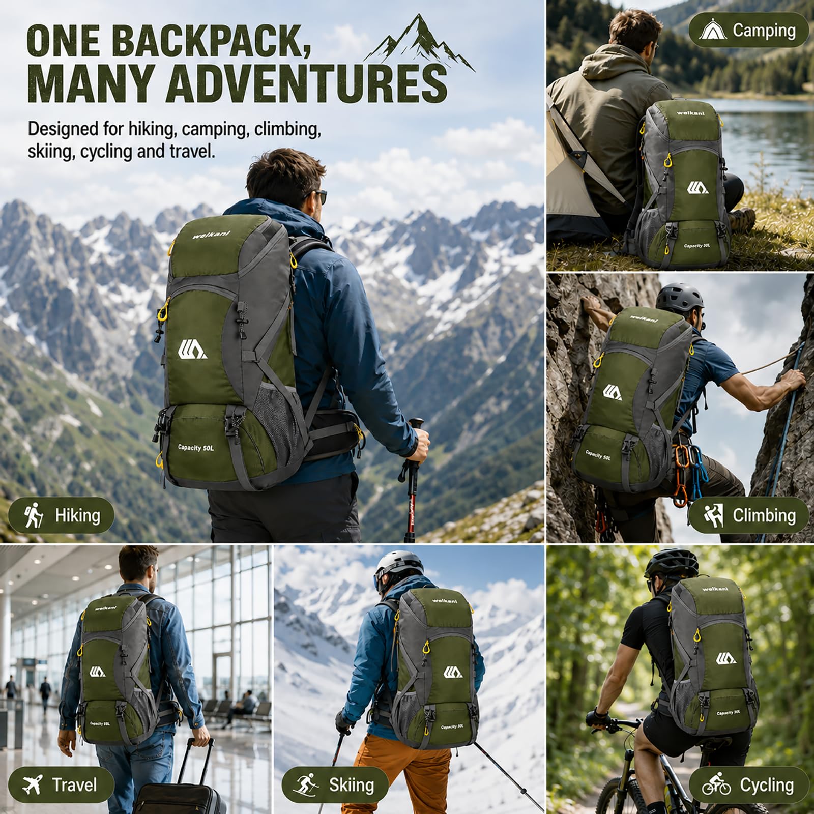 50L Hiking Backpack with Rain Cover Waterproof Lightweight Camping Daypack Walking Rucksack Outdoor Sports Trekking Climbing Skiing Travel Bag
