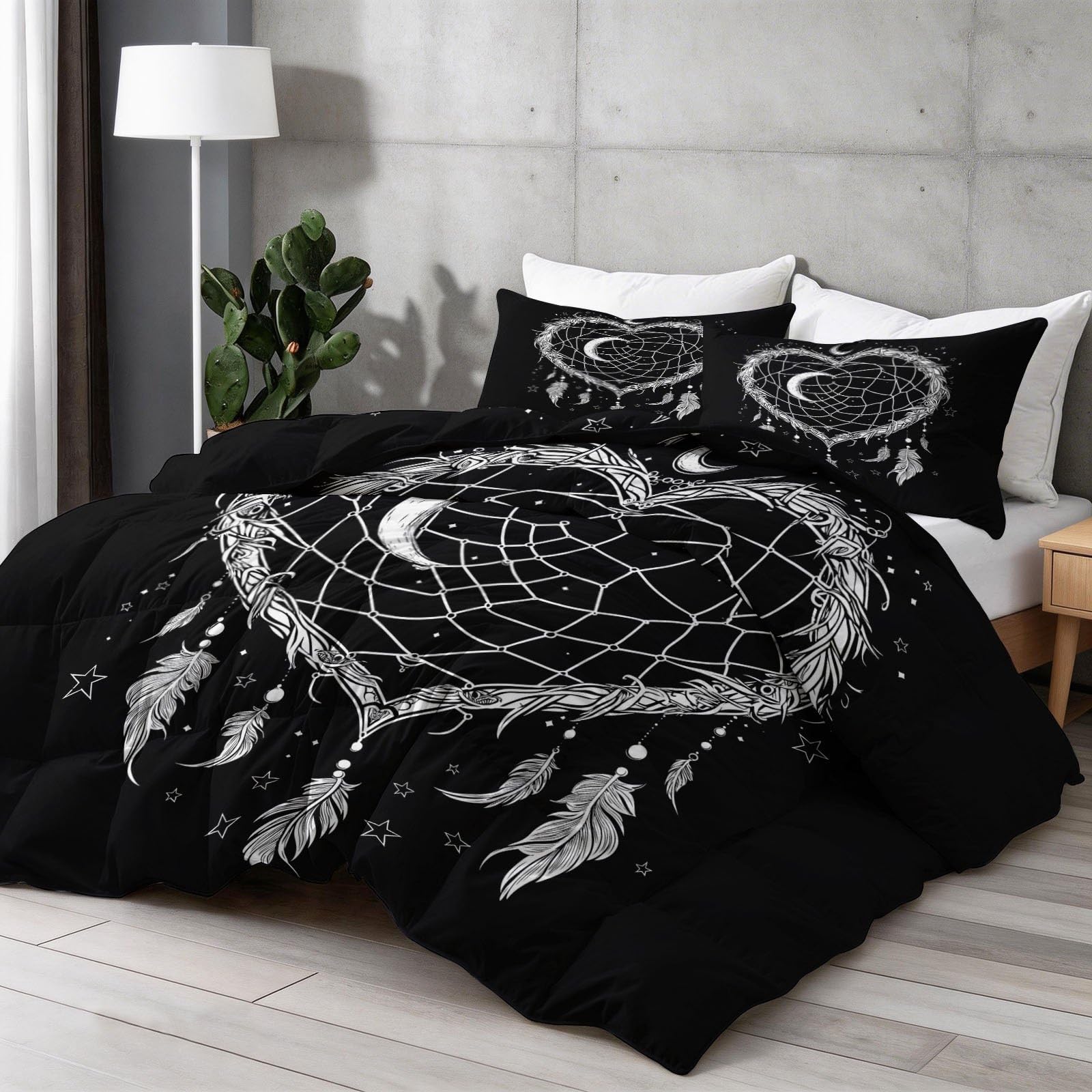 Bohemisch Vintage Bettdecke 135 x 200 cm Traumfänger Feder Mond Stern Steppdecke, Schwarz 4 Jahreszeiten Bettdecken - Waschbar Bettzeug Warme Weich Bettdecke ohne Bezug - Schlafzimmer Deko Geschenke