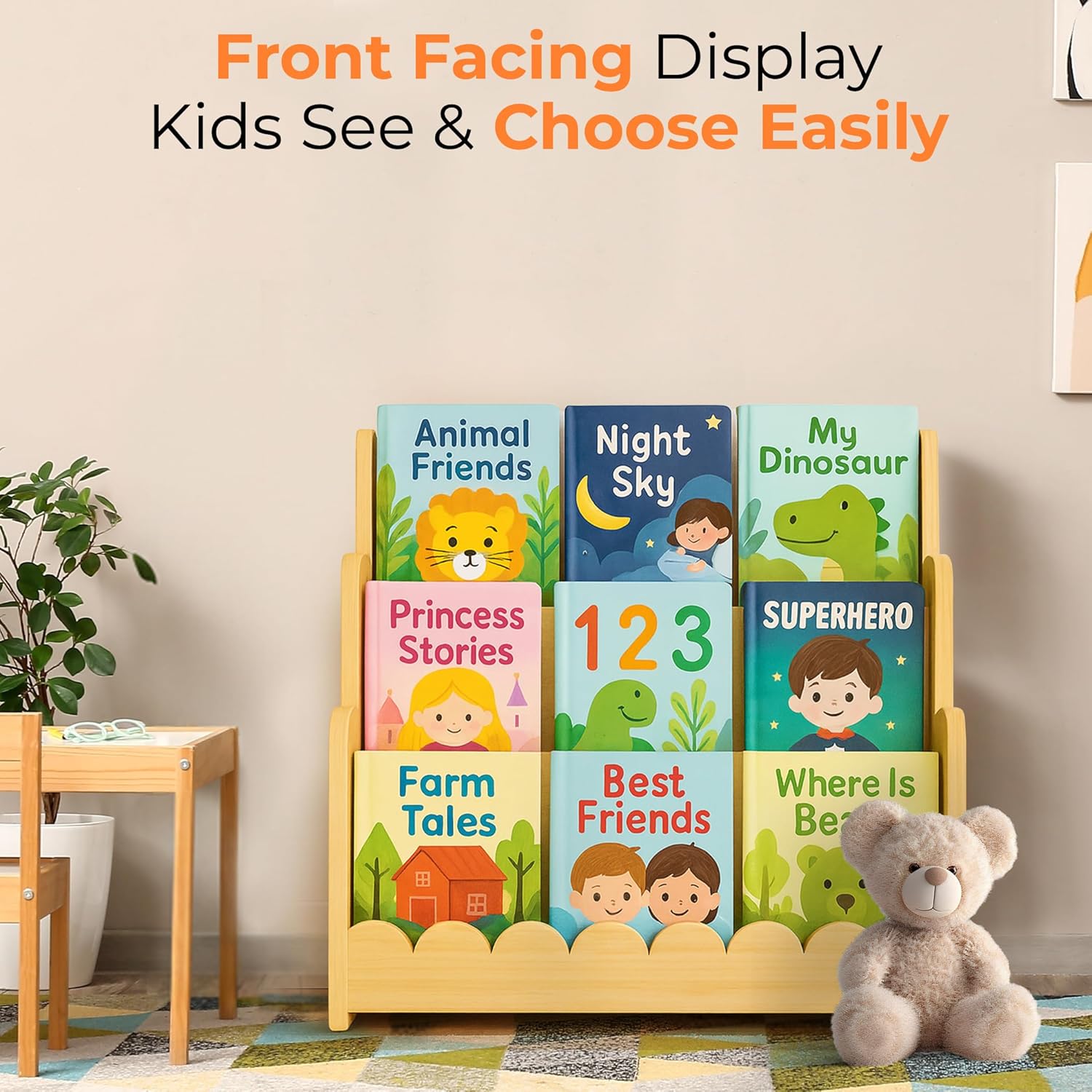 3-Tier Wooden Kids Bookshelf, Montessori Scalloped Bookcase Toddler Front Facing Book Display for Nursery, Baby Bookshelf Organizer for Kids Rooms, Playroom or Classroom - Image 5