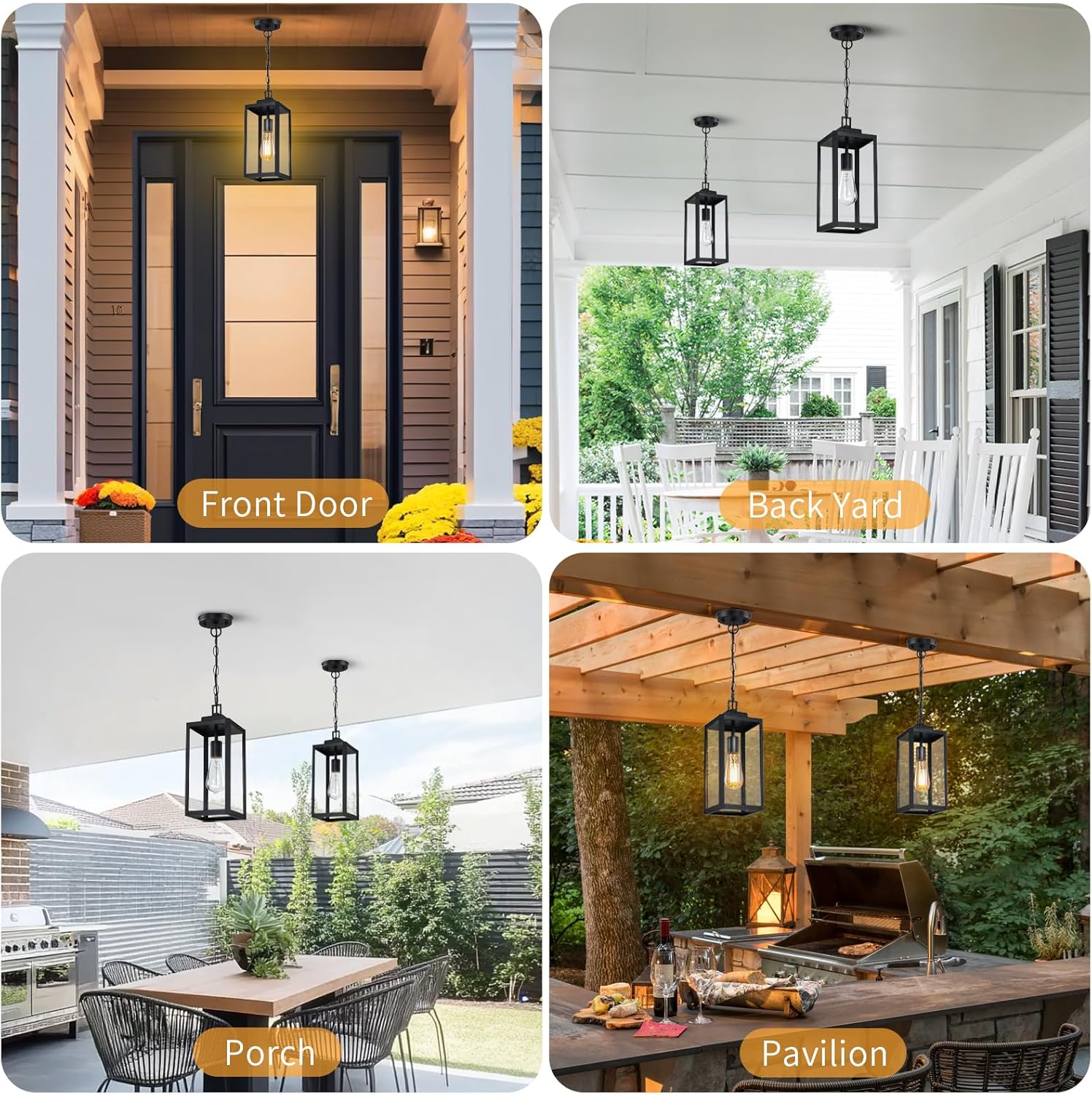 15'' Outdoor Pendant Light, Modern Outside Chandelier Outdoor Hanging Lantern Light, Matte Black with Clear Glass, Exterior Pendant Lighting Fixture Ceiling Mount for Porch, Entryway, Gazebo, 1Pack