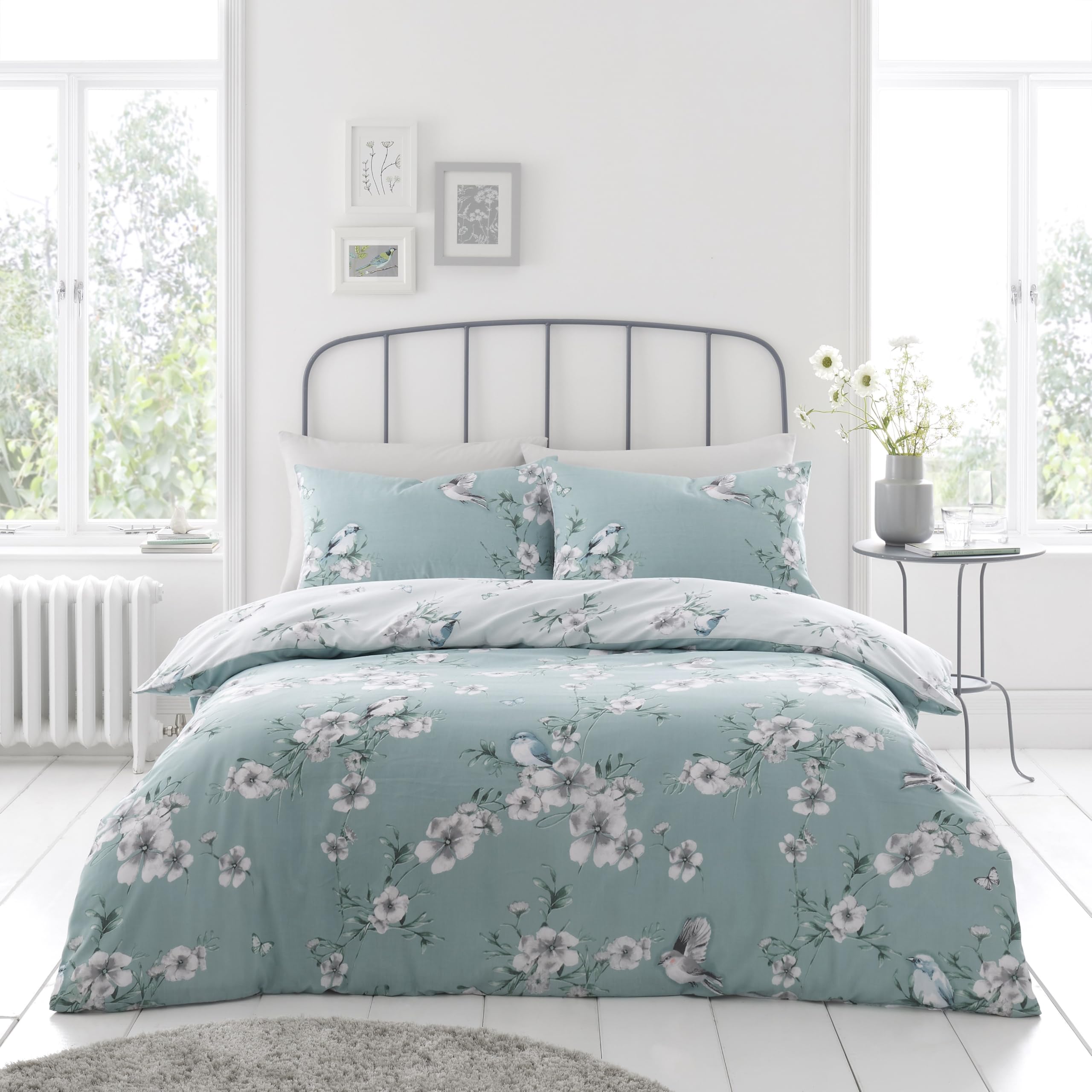 GC GAVENO CAVAILIA Birdie Blossom Duvet Set | Polycotton Reversible Floral Washable Bedding | Botanical Quilt Bed Set With Matching Pillowcase | Duck Egg Single Bed Set