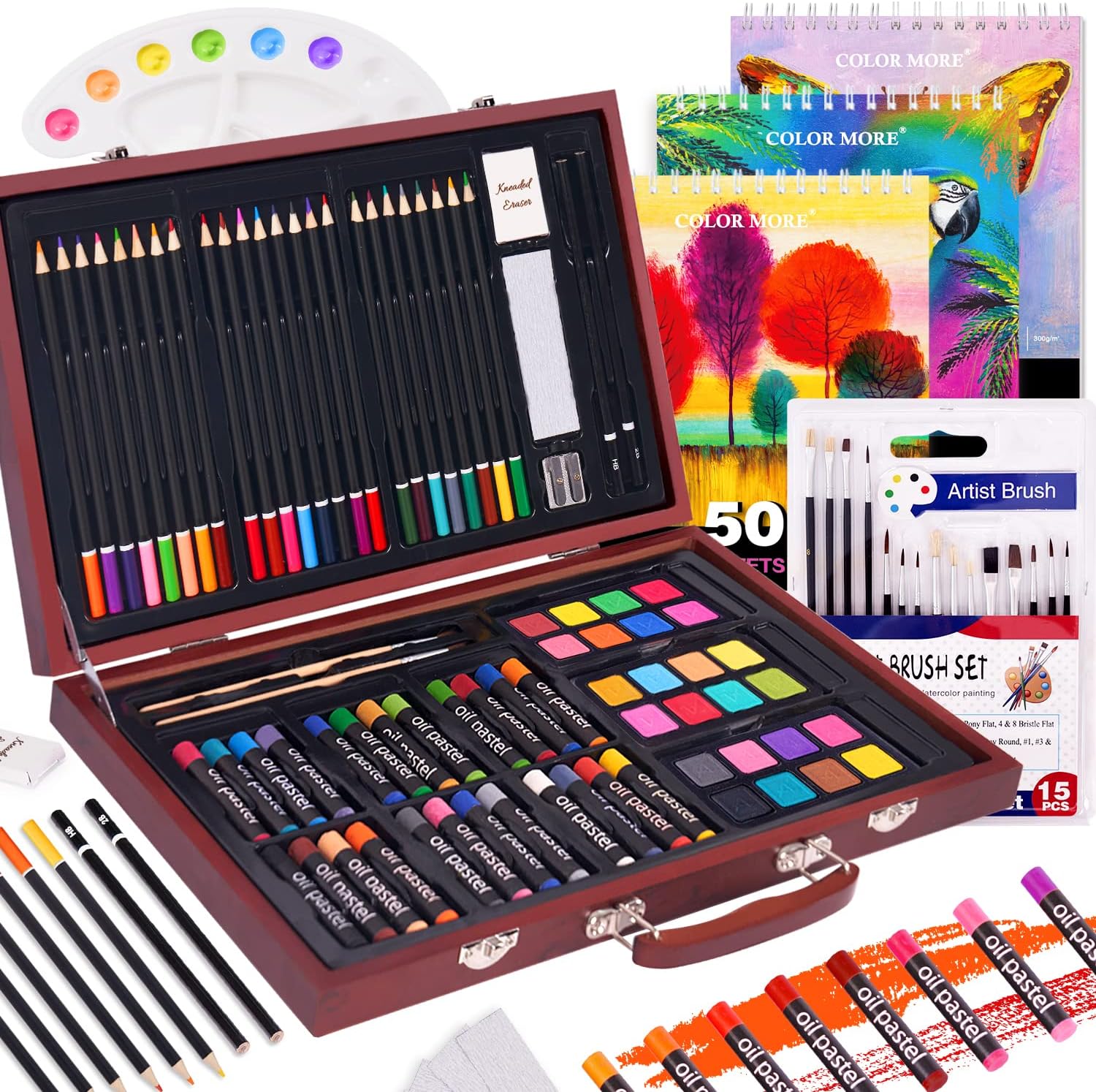 102 Piece Deluxe Art Creativity Set- 2 x 50 Page Sketch Book,1 x 24 Page Watercolor Pad,Art Supplies in Portable Wooden Case-Oil Pastels,Colored Pencils,Watercolor Cakes,Sharpener-Professional Art Kit