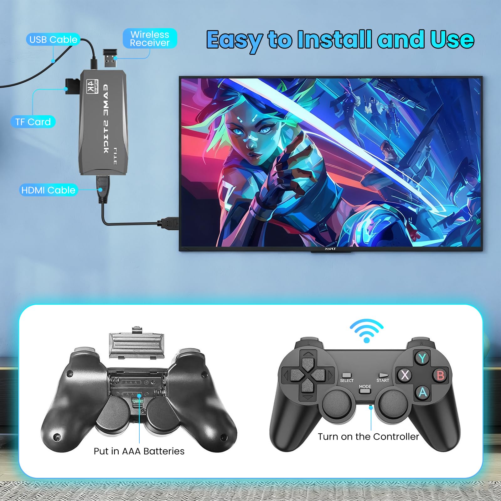 AMANKA Retro Game Console,Retro Games Stick Built-in 15 Emulators with 20,000+ Games,4k Hdmi Output Gaming Stick,Dual Wireless Controllers,Plug and Retro Play Video Games for Tv