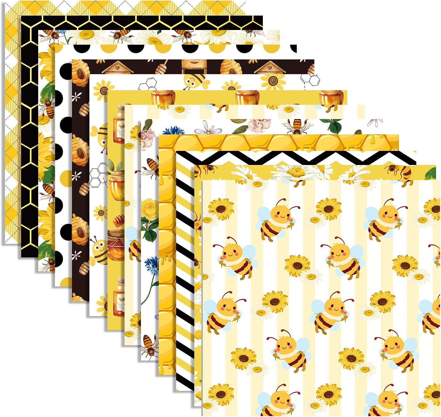 24 Sheets Honey Bee Pattern Paper 11.8 x 11.8 Inch Bee Scrapbook Paper Double-Sided Yellow Black Floral Honeycomb Patterned Craft Papers for Card Making Photo Album, 12 Designs