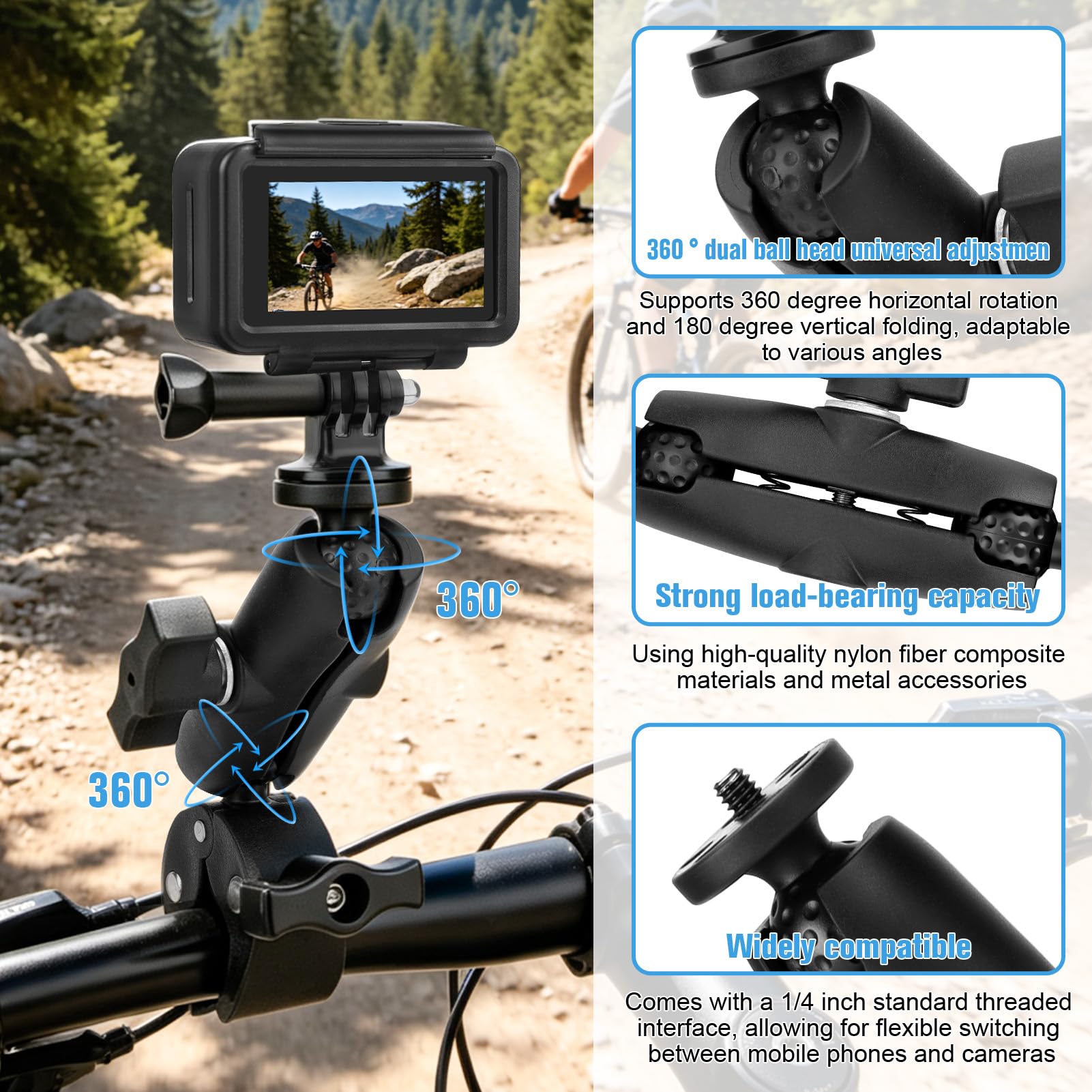 Xastro Supporto da moto per Insta360 X4 X5, morsetto per fotocamera, supporto per bicicletta con bastone per selfie invisibile da 27-120 cm, doppio morsetto, compatibile con accessori per fotocamera