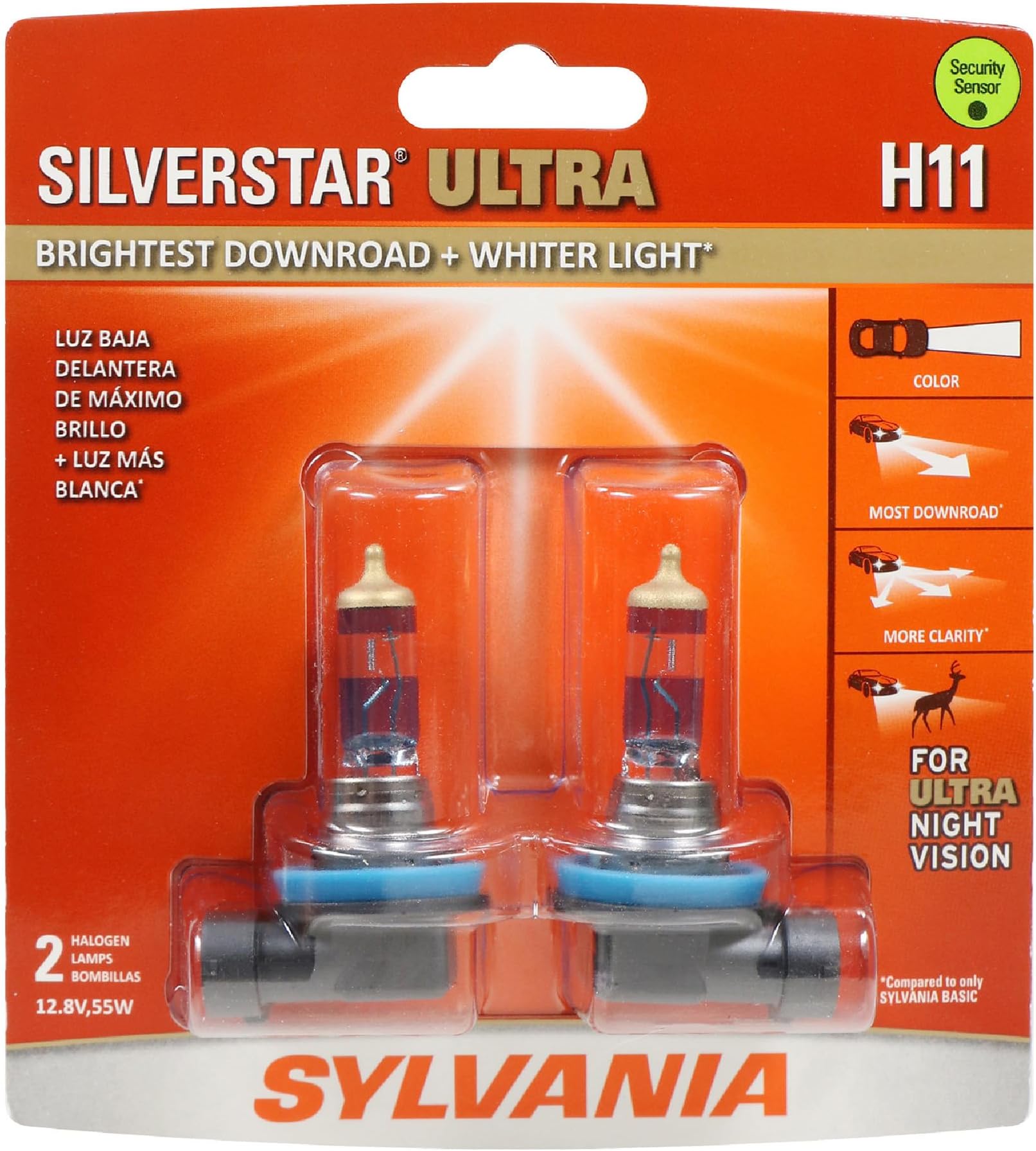 SYLVANIA - H11 SilverStar Ultra - High Performance Halogen Headlight Bulb, High Beam, Low Beam and Fog Replacement Bulb, Brightest Down Road with Whiter Light, Tri-Band Technology (Contains 2 Bulbs)