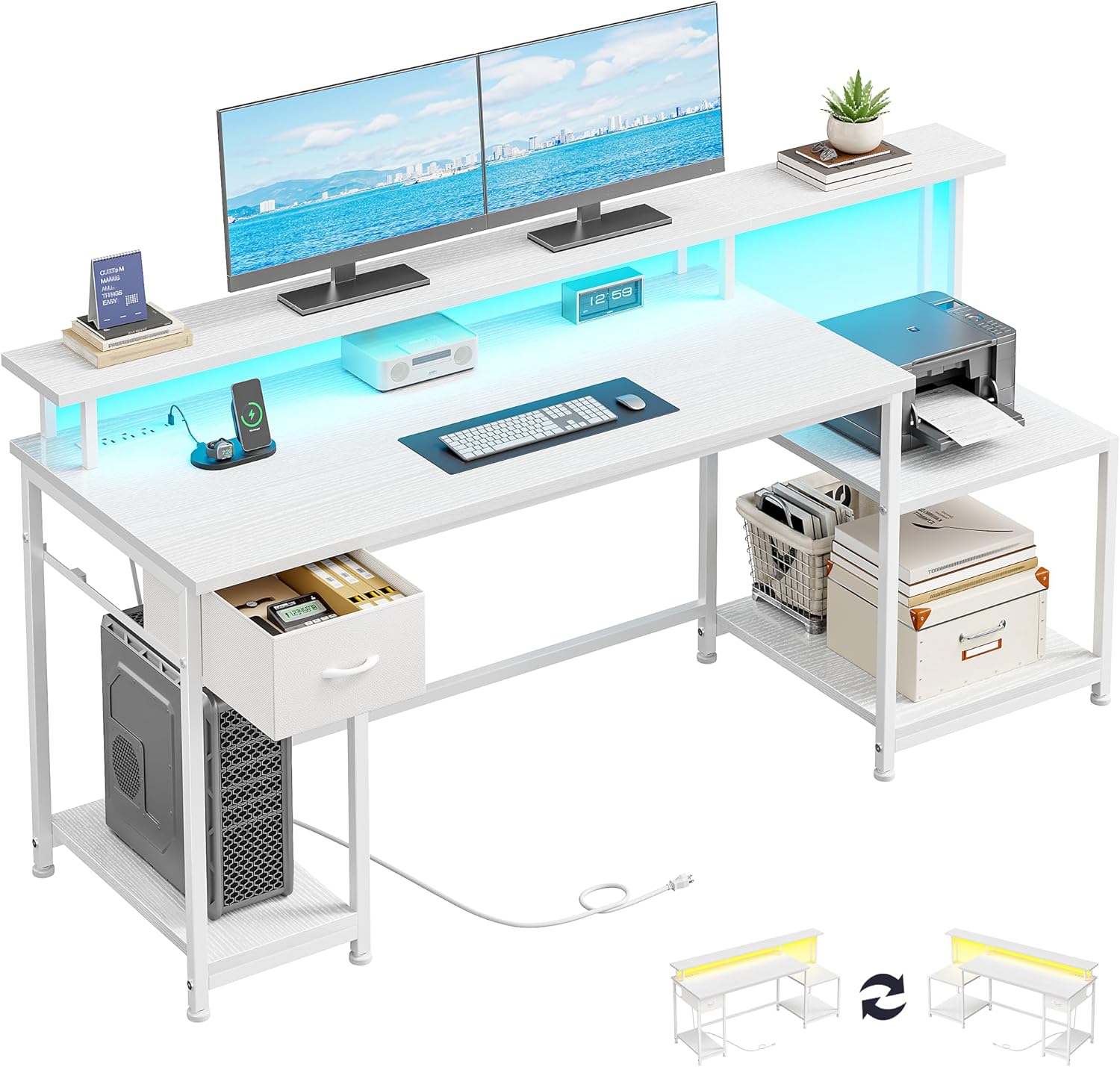 55 Inch Computer Desk with Monitor Shelf&LED Lights,Home Office Desk with Power Outlet&Printer Storage Shelves,Gaming Desk with Drawer,White Study Table for Bedroom Home Office