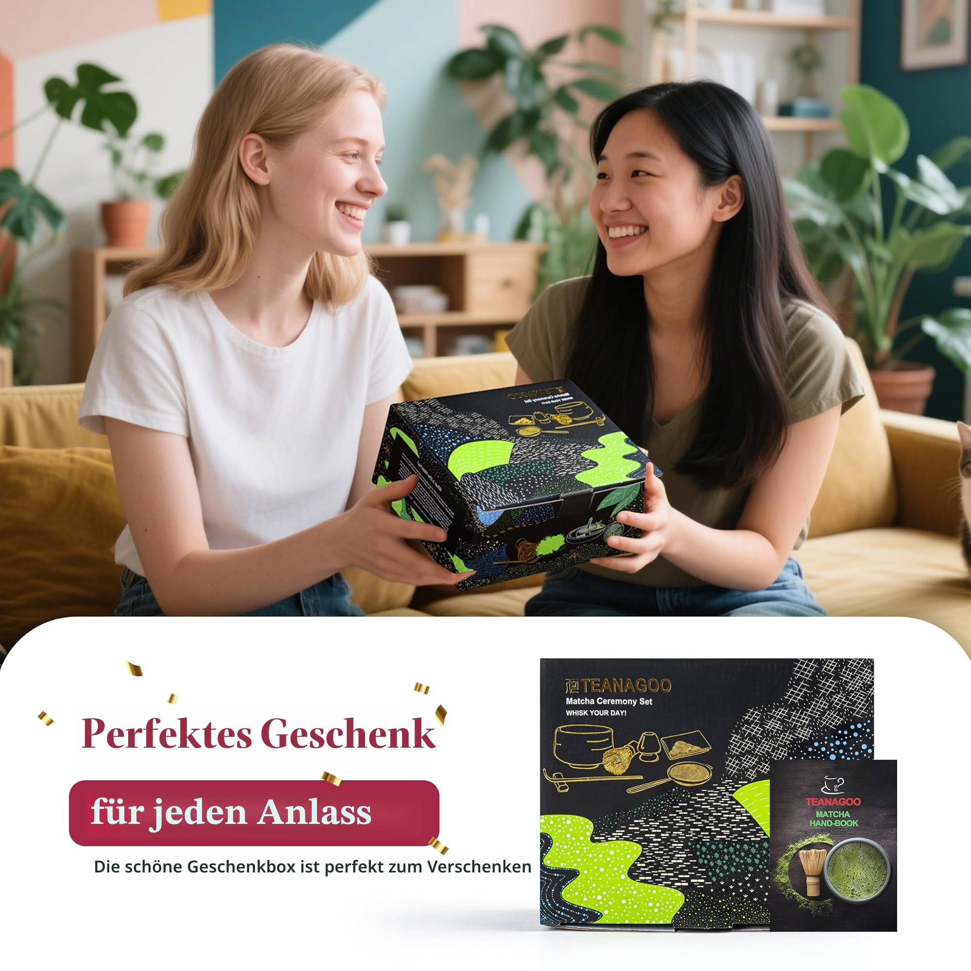 TEANAGOO Matcha-Set + 2 Tassen mit Aufbewahrungsbox, 12-teiliges Reise-Matcha-Teeset, Keramik-Matcha-Schüssel (530 ml), Matcha-Tasse (204 ml), Bambus-Schneebesen (Lifestyle-本立), Sieb, WS1,