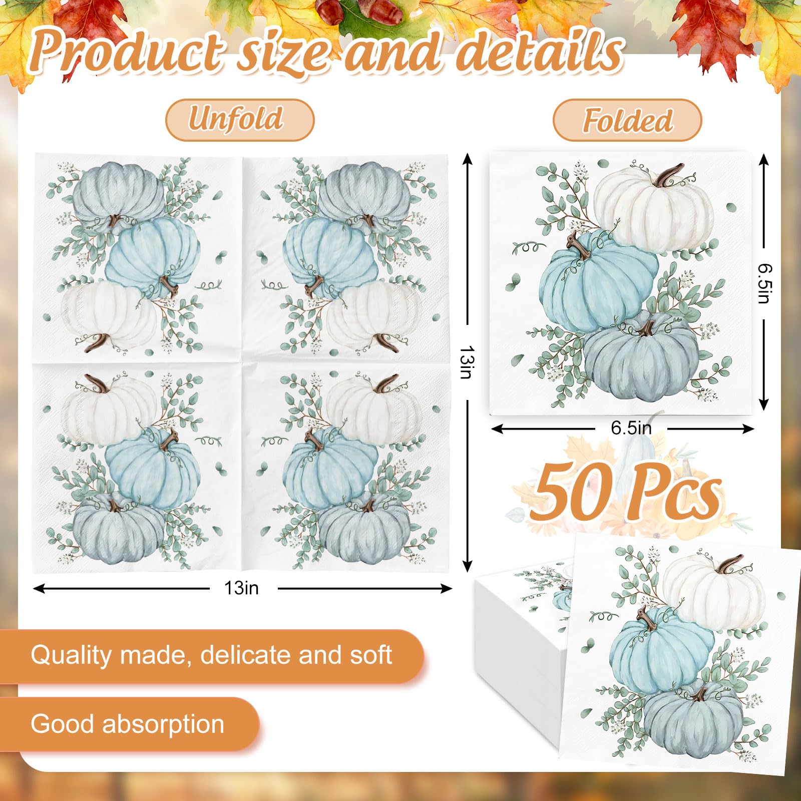 JarThenaAMCS 50Pcs Fall Pumpkin Napkins Pumpkin Eucalyptus Napkins Disposable Dinner Hand Napkins for Autumn Harvest Thanksgiving Dinner Party Supplies
